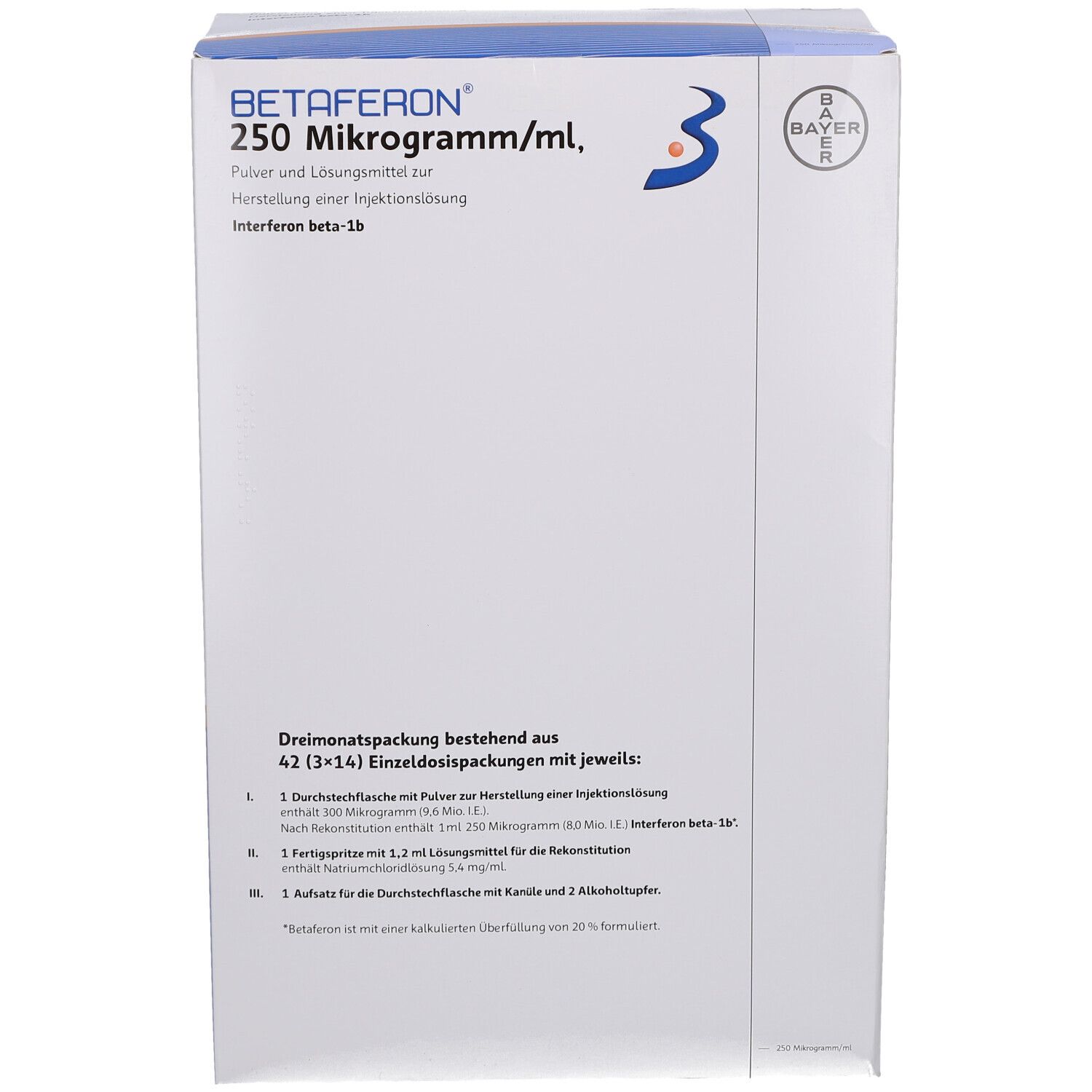 Vorderseite eines weißen Kartons. Beschriftung: BETAFERON 250 Mikrogramm/ml. Bayer-Logo. 3 Monatspackung. Textinformationen.