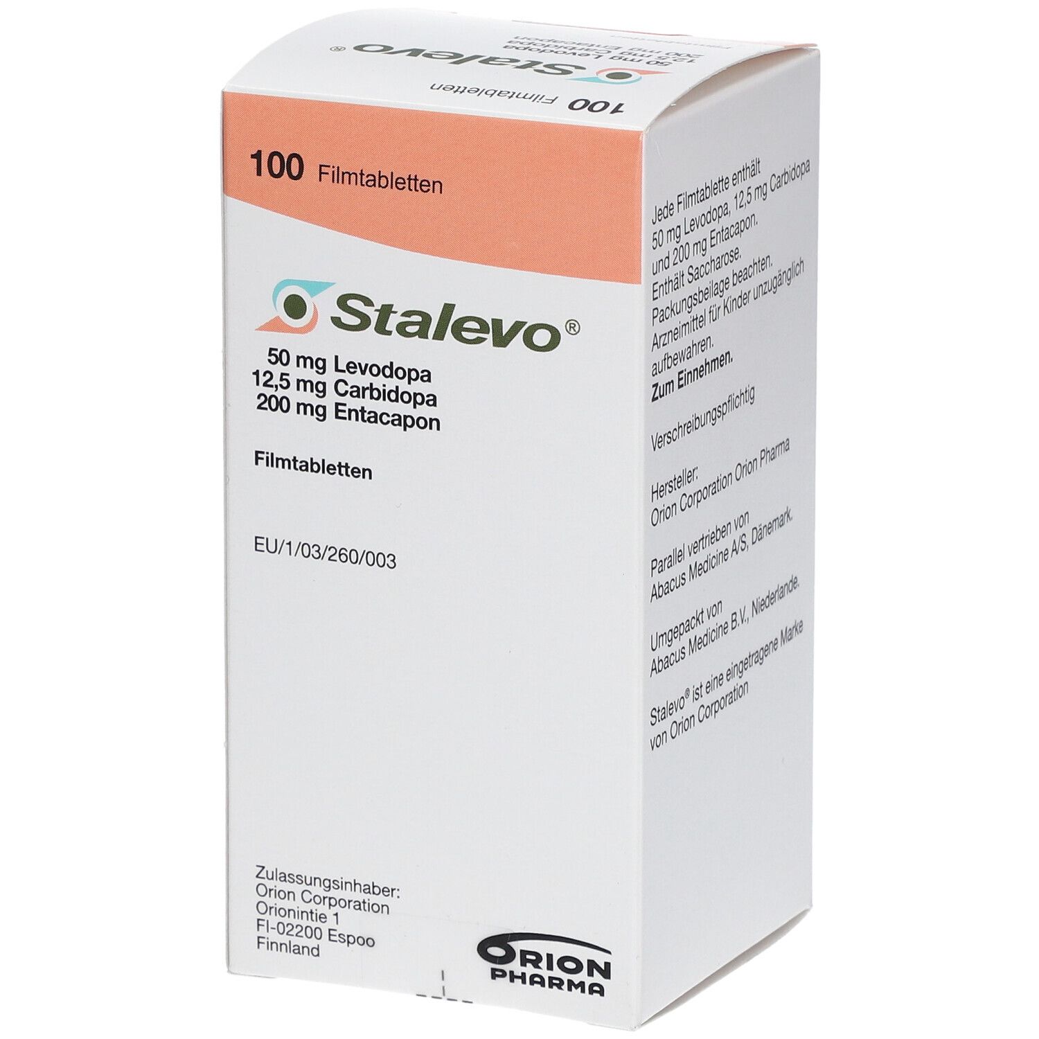 Schachtel mit STALEVO Filmtabletten. Aufdruck: 50 mg Levodopa, 12,5 mg Carbidopa, 200 mg Entacapon. 100 Filmtabletten.