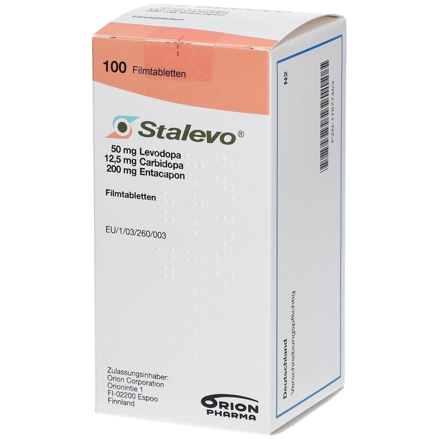 STALEVO-Schachtel, leicht schräg. Aufdruck: 50 mg Levodopa, 12,5 mg Carbidopa, 200 mg Entacapon. 100 Filmtabletten.