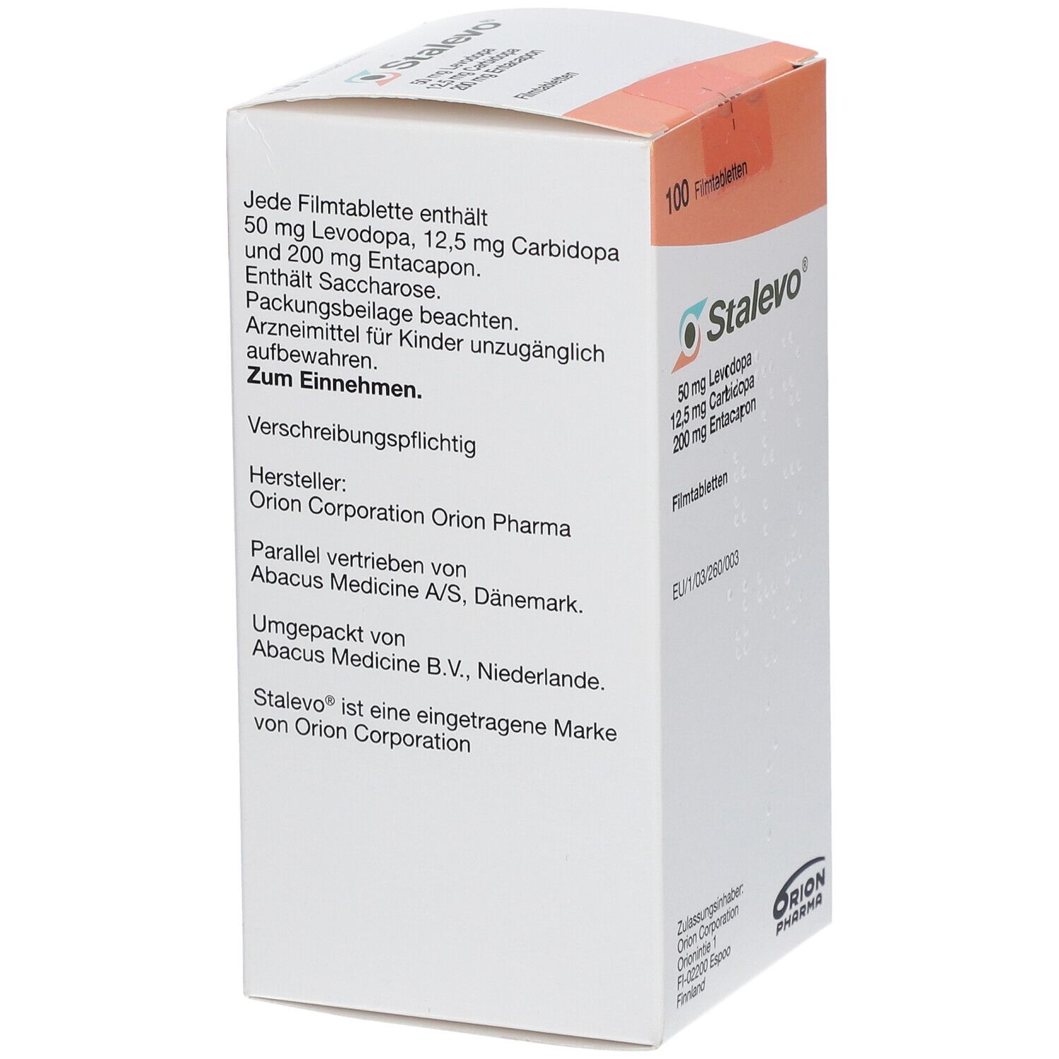 STALEVO-Schachtel, Rückseite. Text: Zusammensetzung, Dosierung, Hersteller. Orion Pharma Logo.