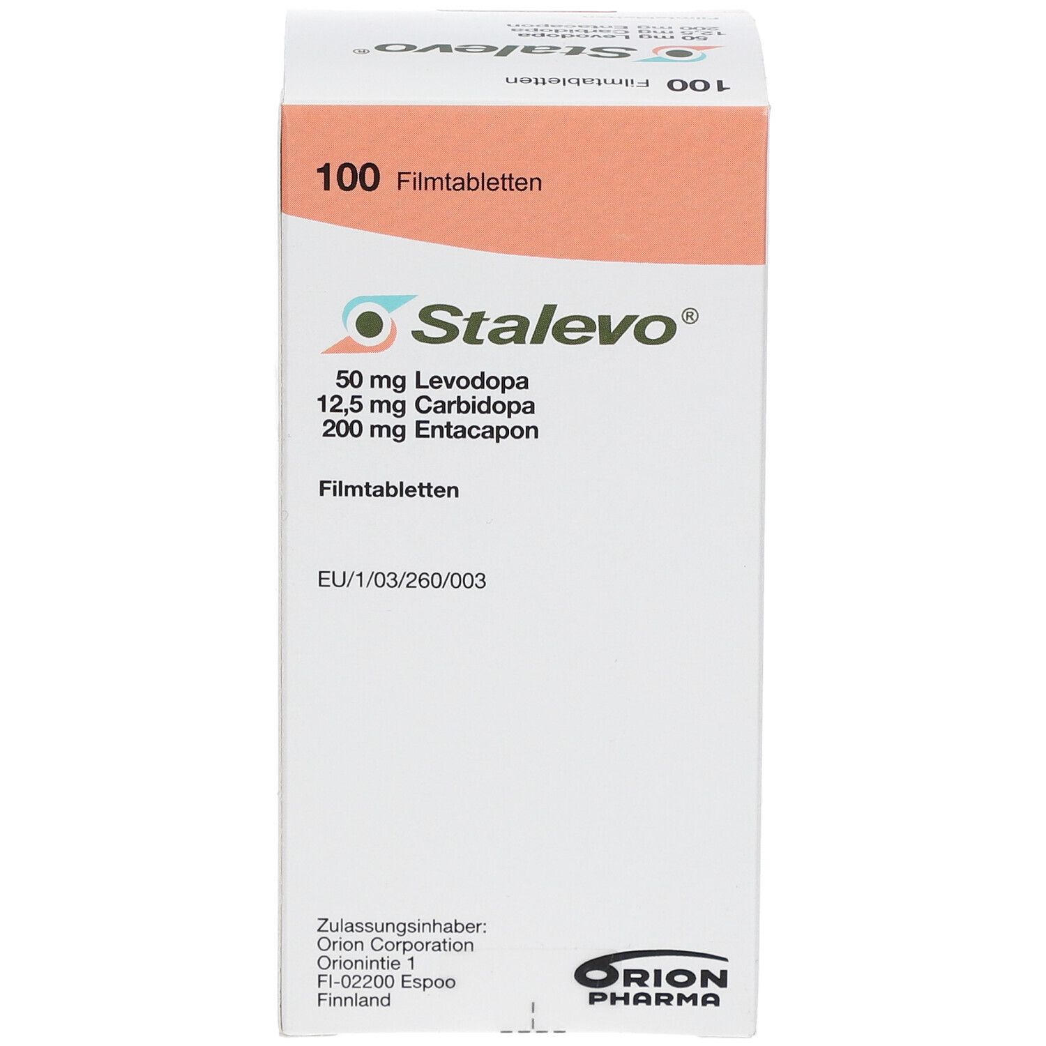 STALEVO-Schachtel, Vorderseite. Aufdruck: 50 mg Levodopa, 12,5 mg Carbidopa, 200 mg Entacapon. 100 Filmtabletten.