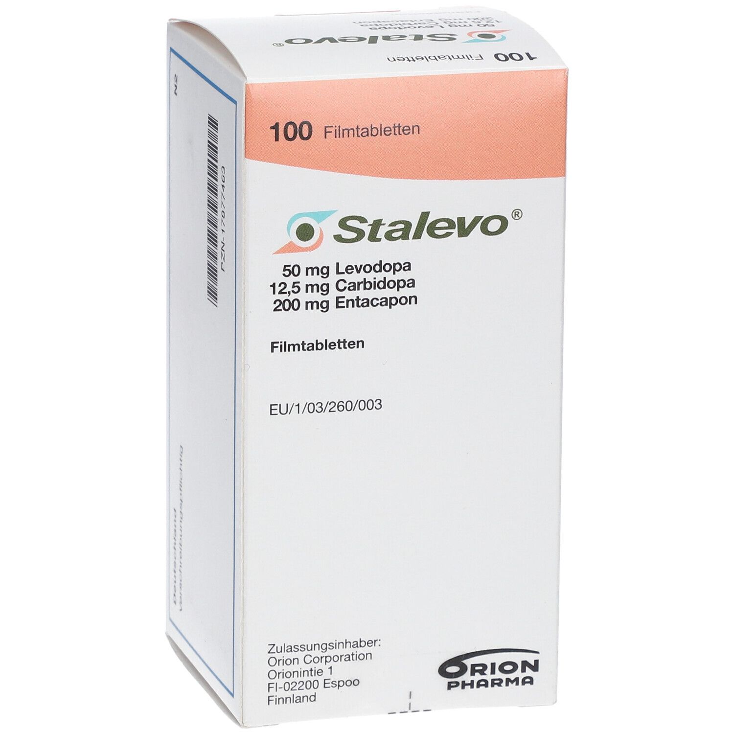 STALEVO-Schachtel, leicht schräg. Aufdruck: 50 mg Levodopa, 12,5 mg Carbidopa, 200 mg Entacapon. 100 Filmtabletten.