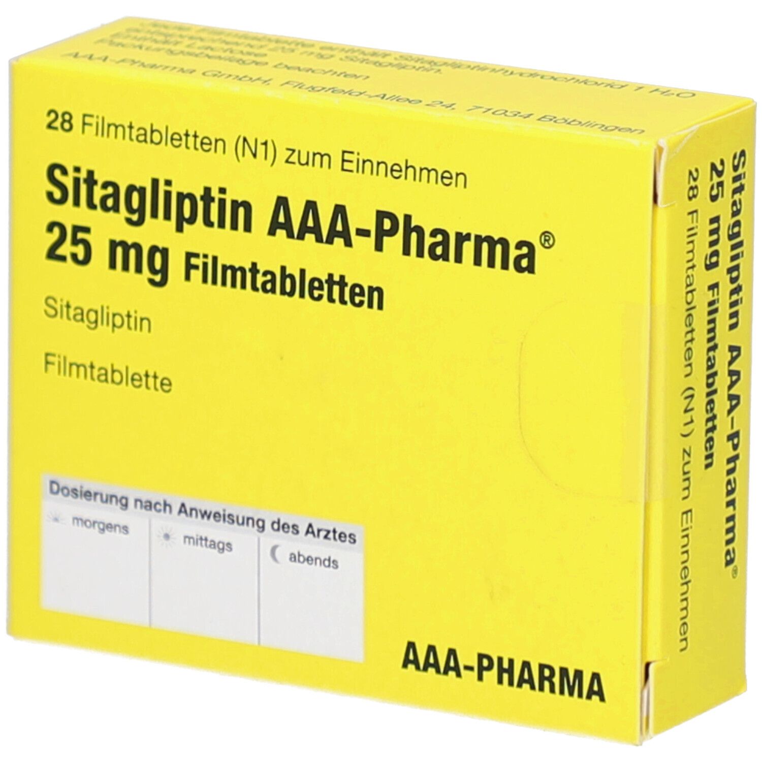 Gelbe Schachtel mit Aufschrift 'Sitagliptin AAA-Pharma 25 mg Filmtabletten'. Enthält 28 Tabletten. Dosierungshinweise.