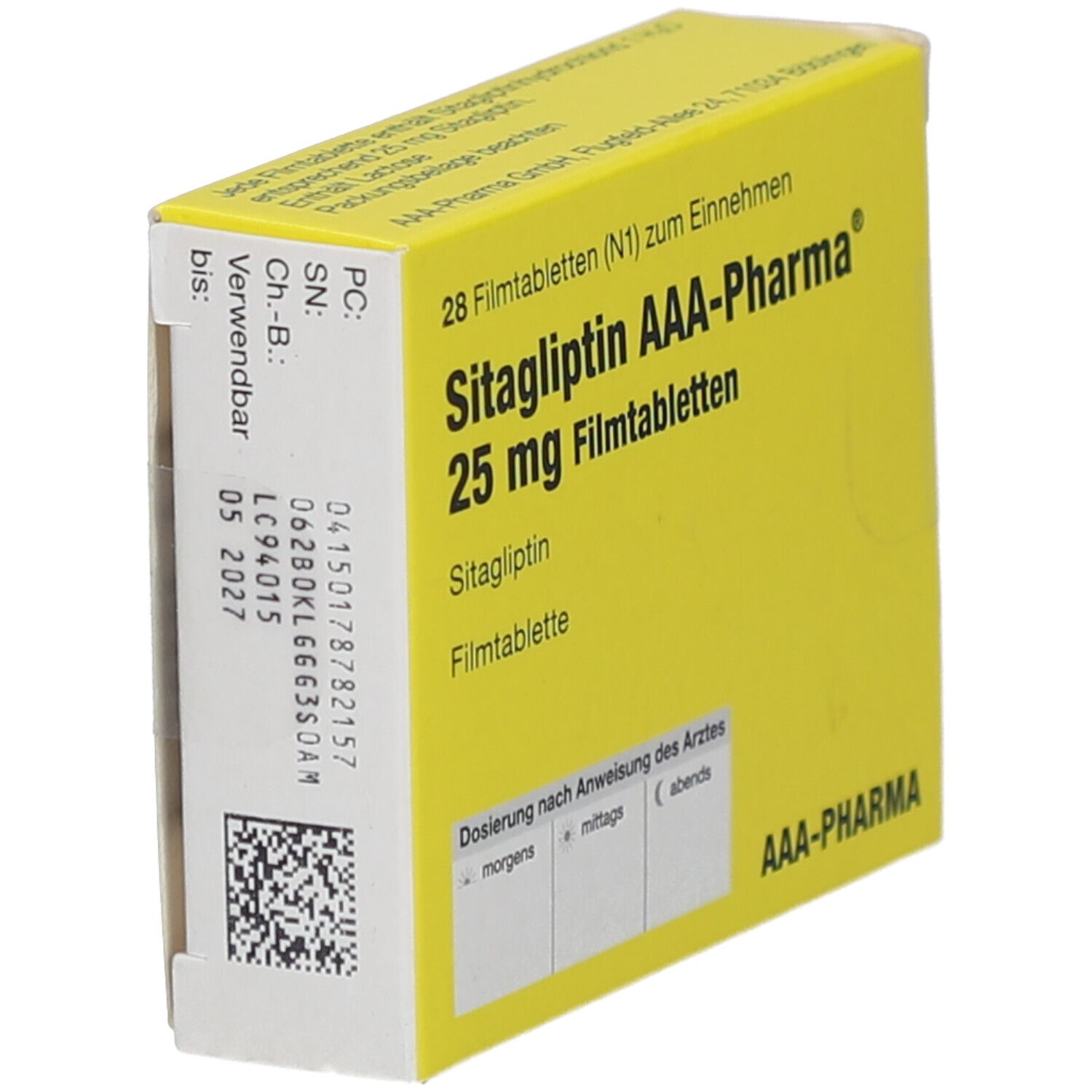 Gelbe Schachtel, Seitenansicht. Aufschrift 'Sitagliptin AAA-Pharma 25 mg Filmtabletten'. Mit Chargen- und Verfallsdatum.