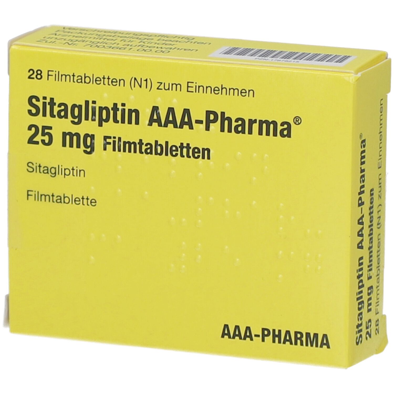 Gelbe Schachtel mit 'Sitagliptin AAA-Pharma 25 mg Filmtabletten'. 28 Tabletten. Dosierungshinweise. AAA-Pharma Logo.