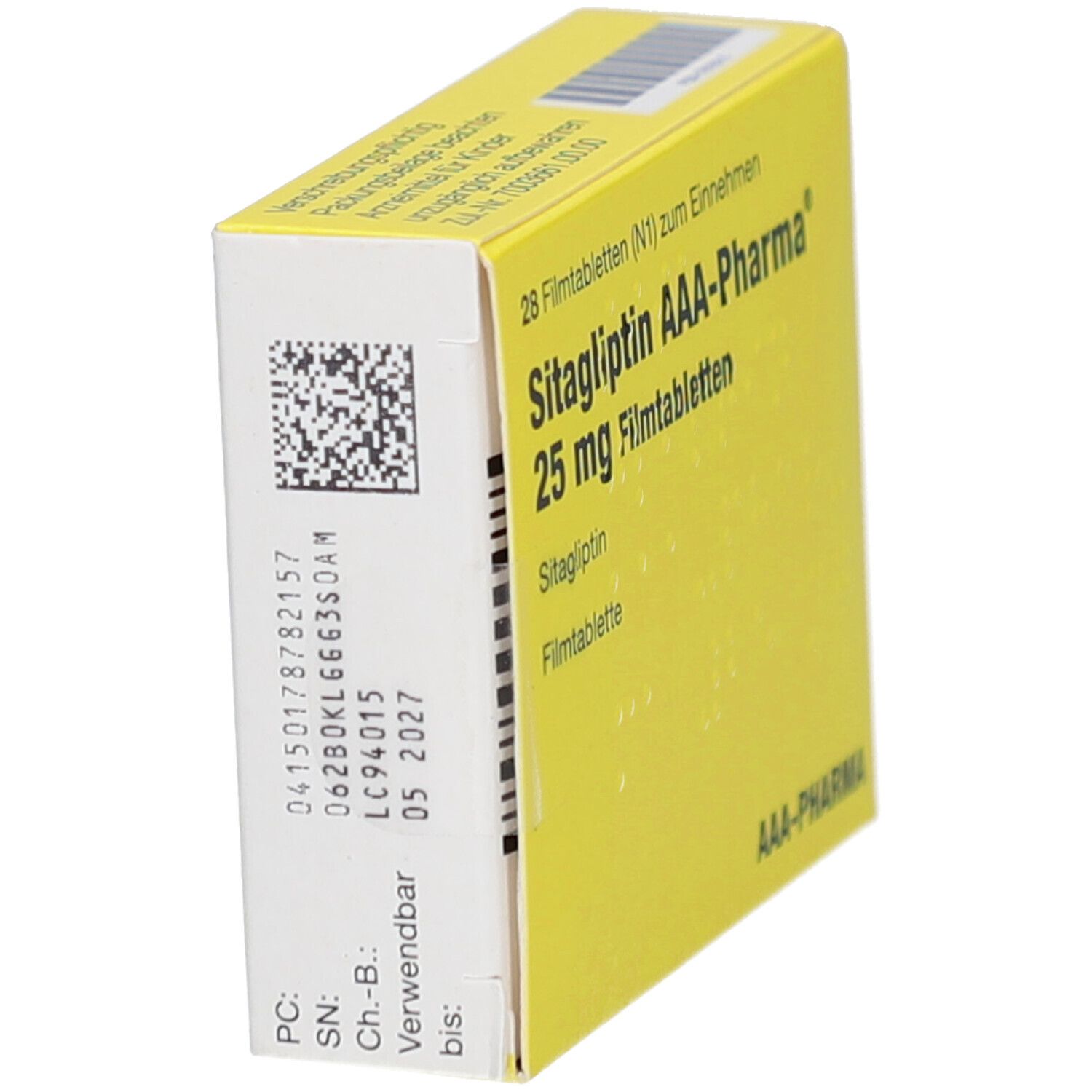 Gelbe Schachtel, Seitenansicht. 'Sitagliptin AAA-Pharma 25 mg Filmtabletten'. Chargen- und Verfallsdatum. QR-Code.