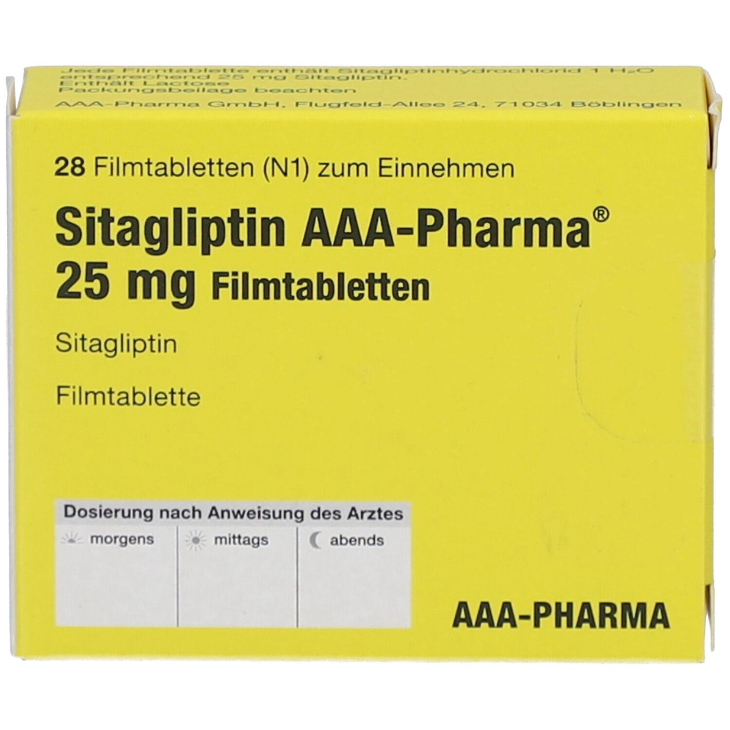 Gelbe Schachtel mit 'Sitagliptin AAA-Pharma 25 mg Filmtabletten'. 28 Tabletten. Dosierungshinweise. AAA-Pharma Logo.