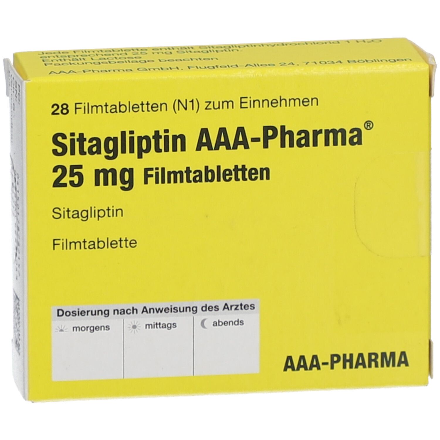 Gelbe Schachtel mit 'Sitagliptin AAA-Pharma 25 mg Filmtabletten'. 28 Tabletten. Dosierungshinweise. AAA-Pharma Logo.