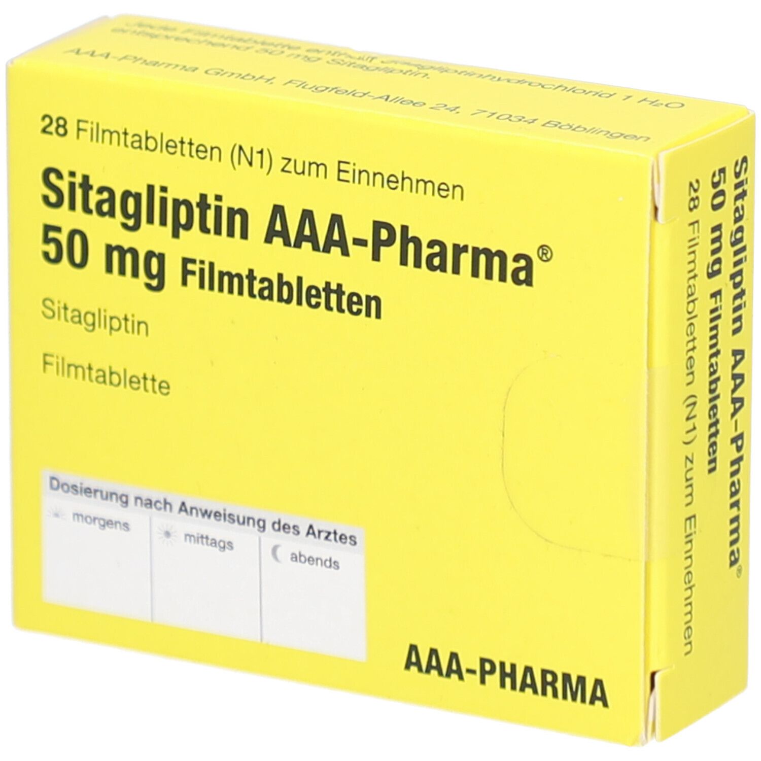 Gelbe Schachtel mit Aufschrift: Sitagliptin AAA-Pharma 50 mg Filmtabletten. Enthält 28 Tabletten. Dosierung nach Anweisung des Arztes.