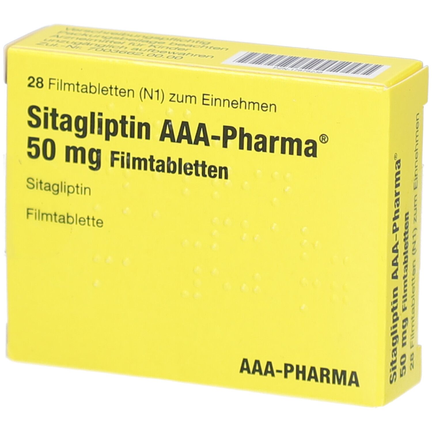 Gelbe Schachtel mit Aufschrift: Sitagliptin AAA-Pharma 50 mg Filmtabletten. Enthält 28 Tabletten. Dosierung nach Anweisung des Arztes.