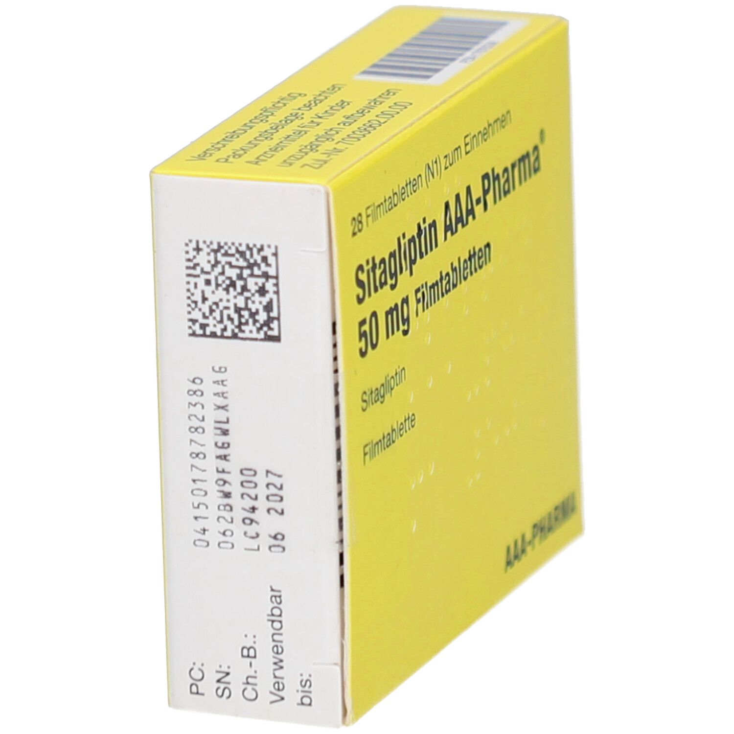 Gelbe Schachtel, Seitenansicht. Aufschrift: Sitagliptin AAA-Pharma 50 mg Filmtabletten. Mit Barcode und Verfallsdatum.