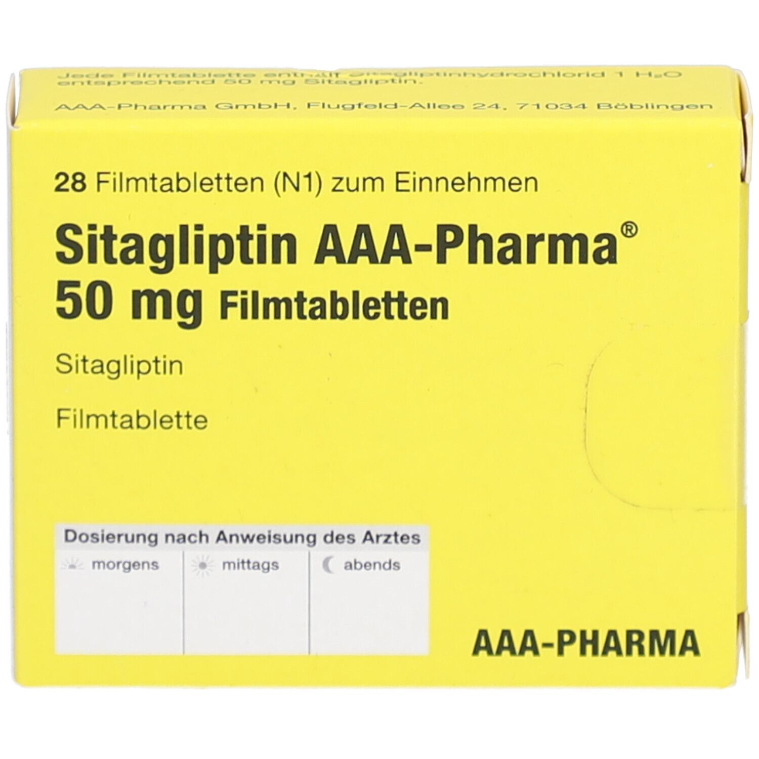 Gelbe Schachtel mit Aufschrift: Sitagliptin AAA-Pharma 50 mg Filmtabletten. Enthält 28 Tabletten. Dosierung nach Anweisung des Arztes.
