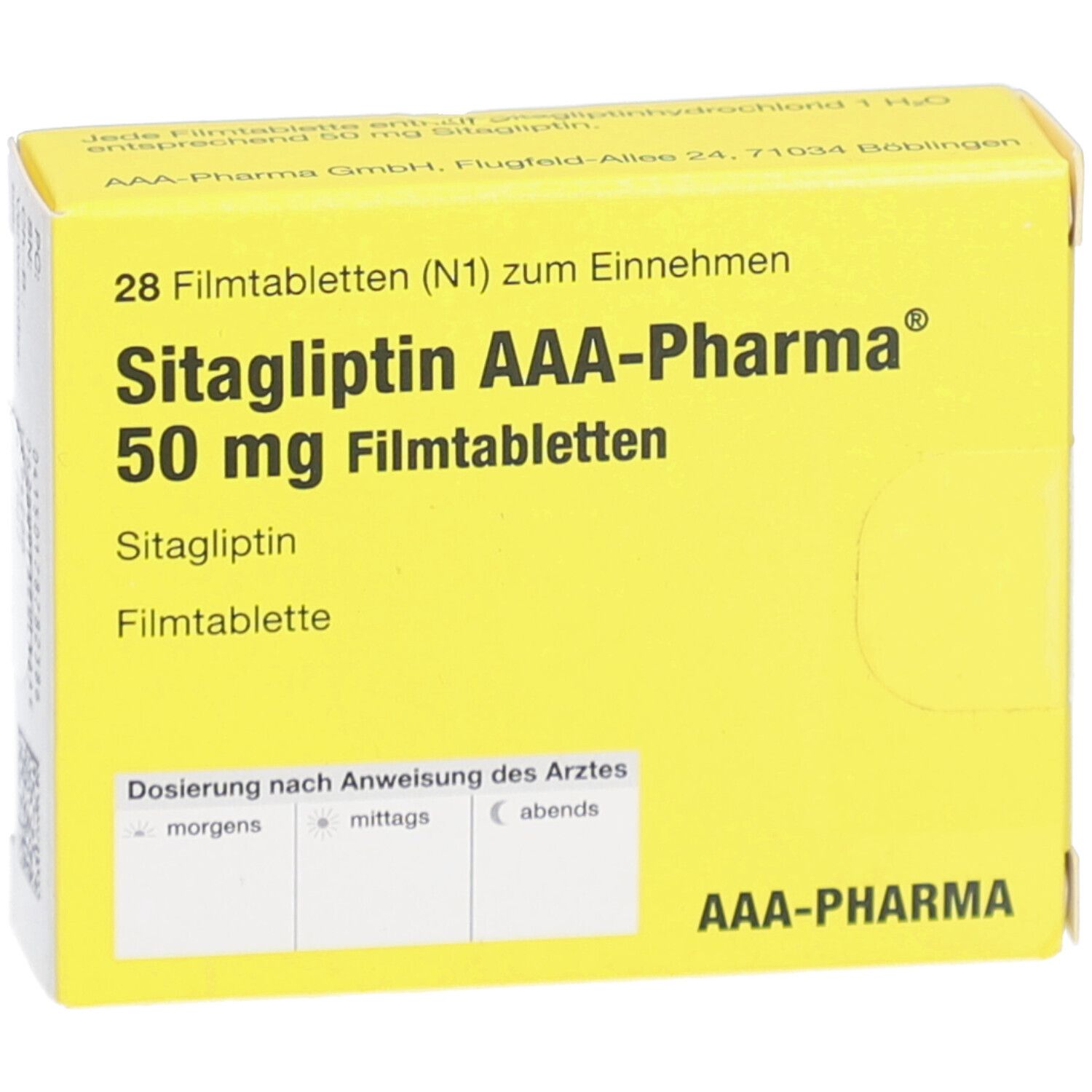 Gelbe Schachtel mit Aufschrift: Sitagliptin AAA-Pharma 50 mg Filmtabletten. Enthält 28 Tabletten. Dosierung nach Anweisung des Arztes.