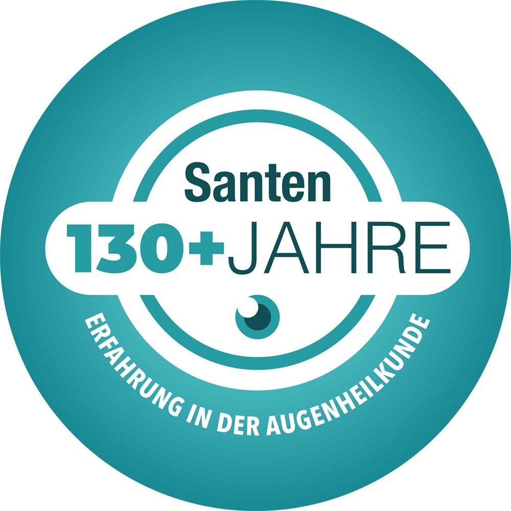 Runder Aufkleber. Text: Santen 130+ Jahre Erfahrung in der Augenheilkunde.