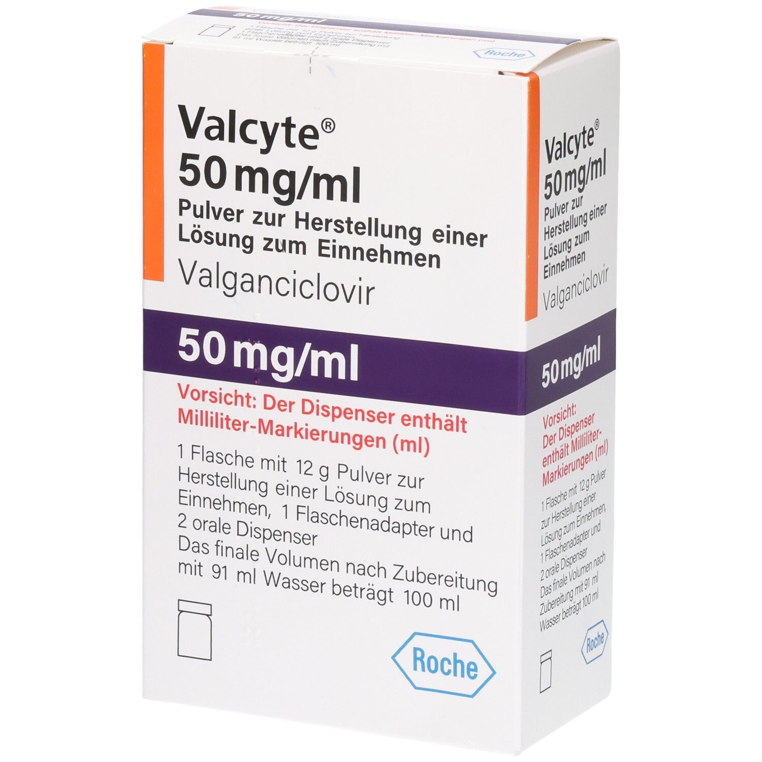 Valcyte 50 mg/ml Pulver zur Herstellung einer Lösung zum Einnehmen. VcurrentComponent: Valganciclovir.
