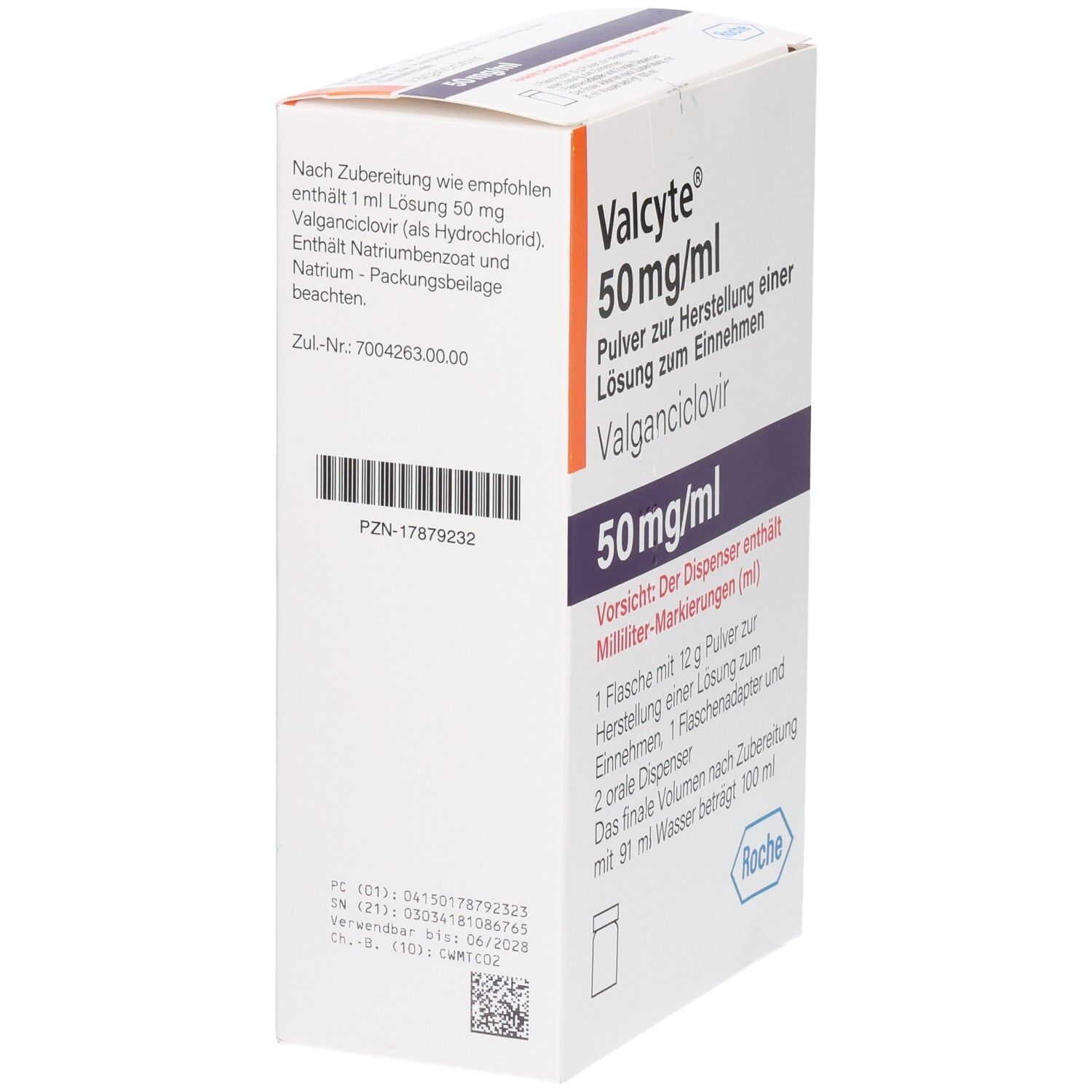 Valcyte 50 mg/ml Verpackungsrückseite mit PZN und Chargennummer. Enthält Valganciclovir.