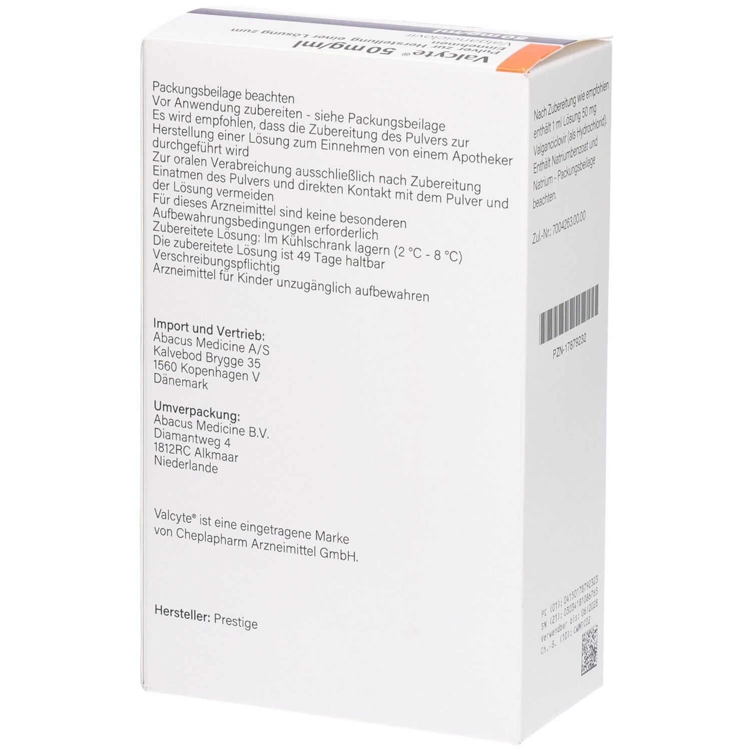 Valcyte 50 mg/ml Seitenansicht der Verpackung mit Importeur und Herstellerinformationen.