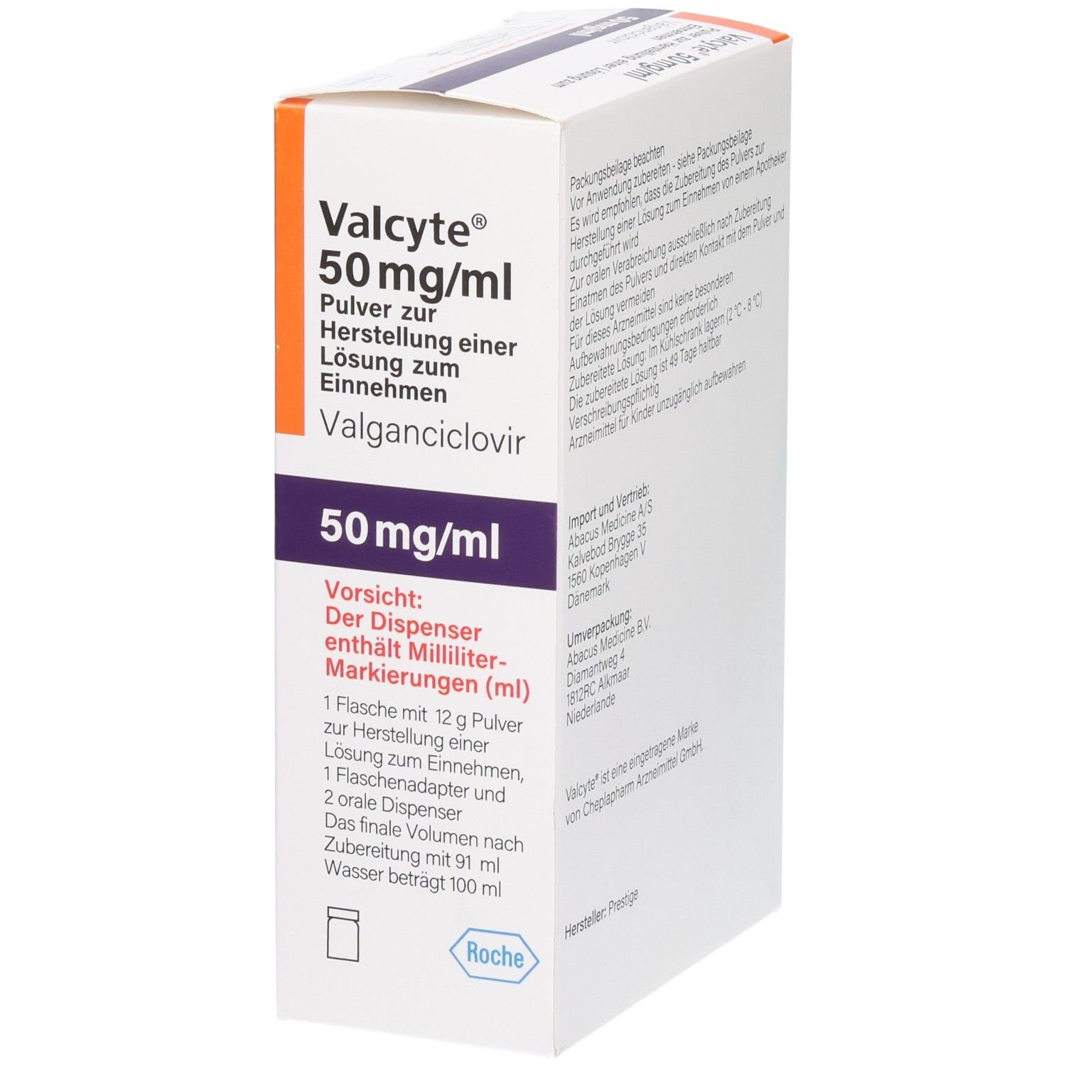Valcyte 50 mg/ml Vorderseite der Verpackung mit Dosierungsanleitung und Inhalt.