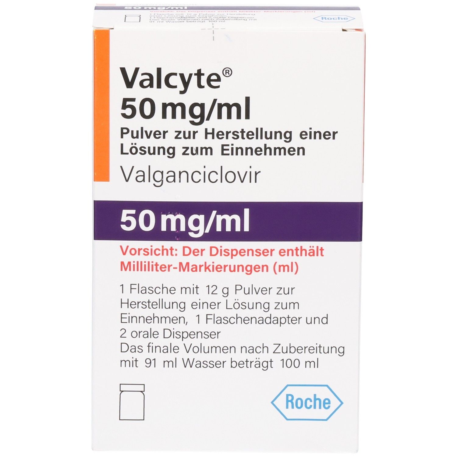 Valcyte 50 mg/ml Verpackung mit Detailinformationen zur Herstellung der Lösung.