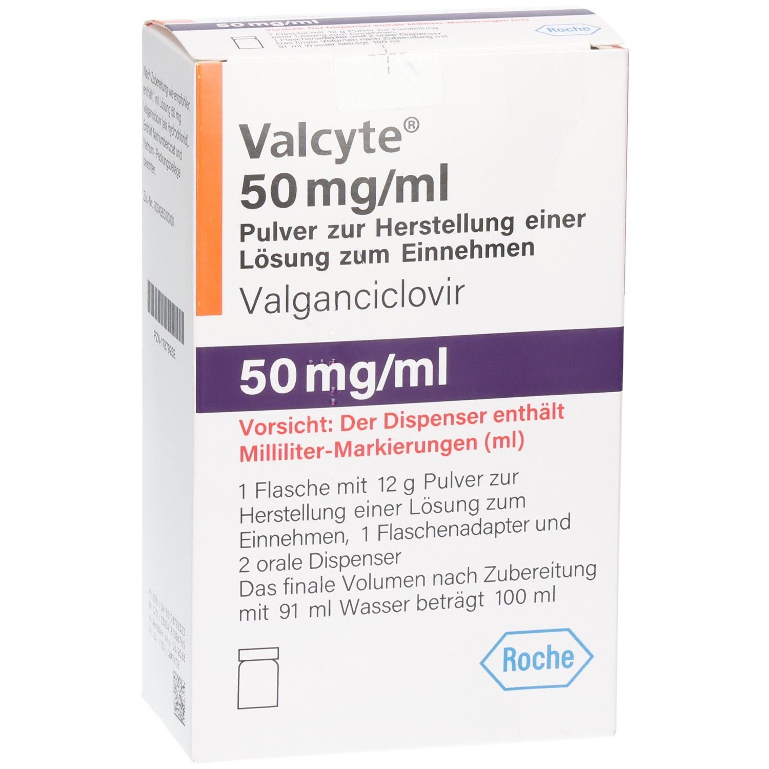 Valcyte 50 mg/ml Verpackung mit Roche Logo und Produktbezeichnung.