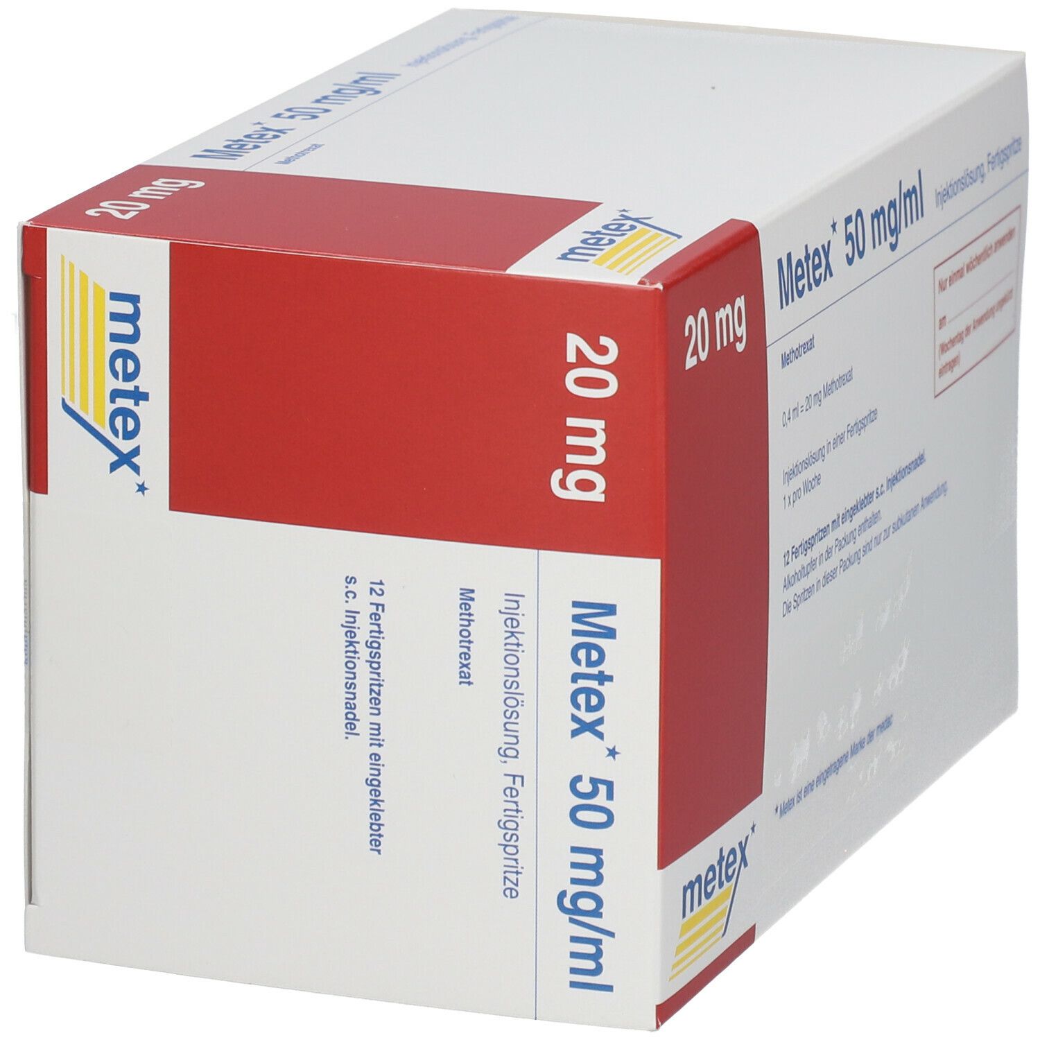 Kartonverpackung mit rotem Akzent. Aufschrift: Metex 50 mg/ml, 20 mg. Enthält Fertigspritzen.
