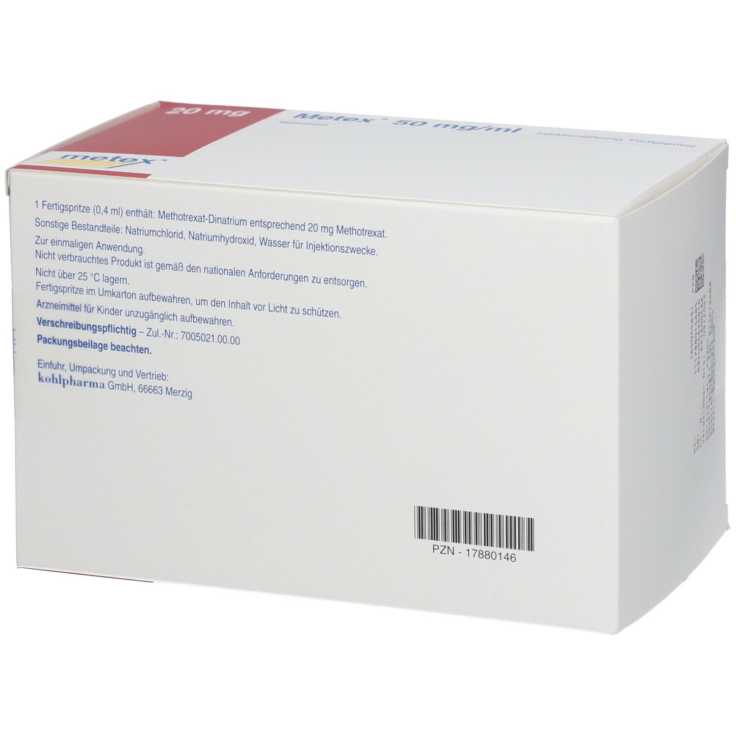 Rückseite der weißen Kartonverpackung. Barcode und Textinformationen. Aufschrift: Metex 50 mg/ml.