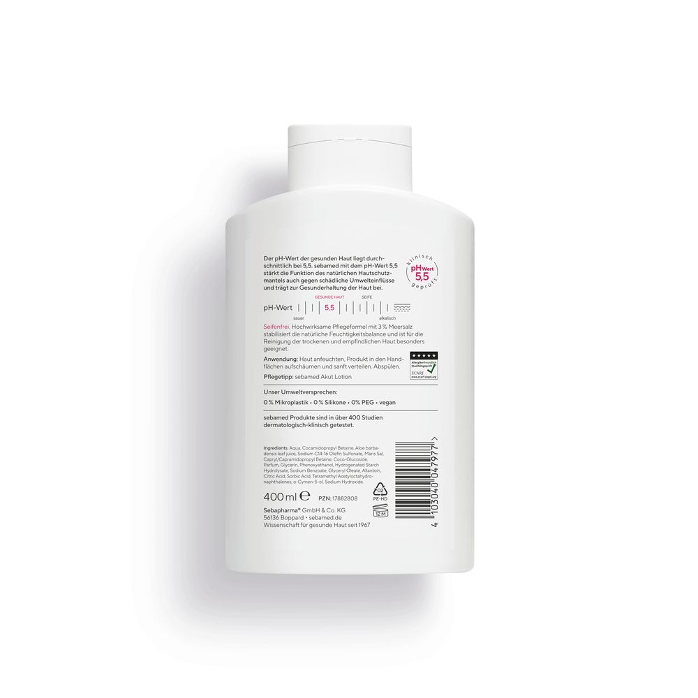 Rückseite der weißen Flasche sebamed® Meersalz Dusche. pH-Wert 5,5. 400 ml. Ohne Mikroplastik, PEG, Silikone. Inhaltsstoffe.