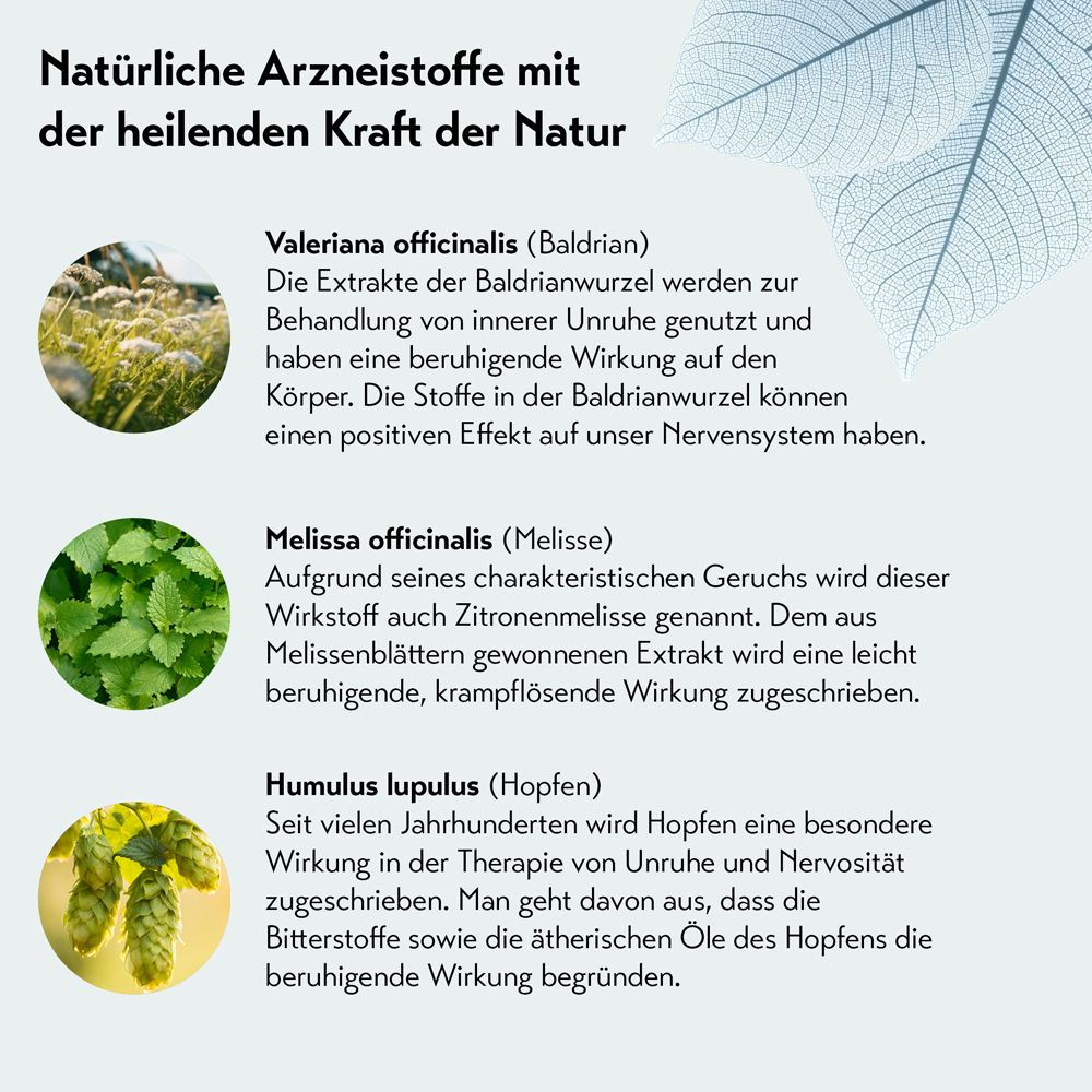 Text: Natürliche Arzneistoffe mit heilender Kraft der Natur. Inhaltsstoffe: Baldrian, Melisse, Hopfen.