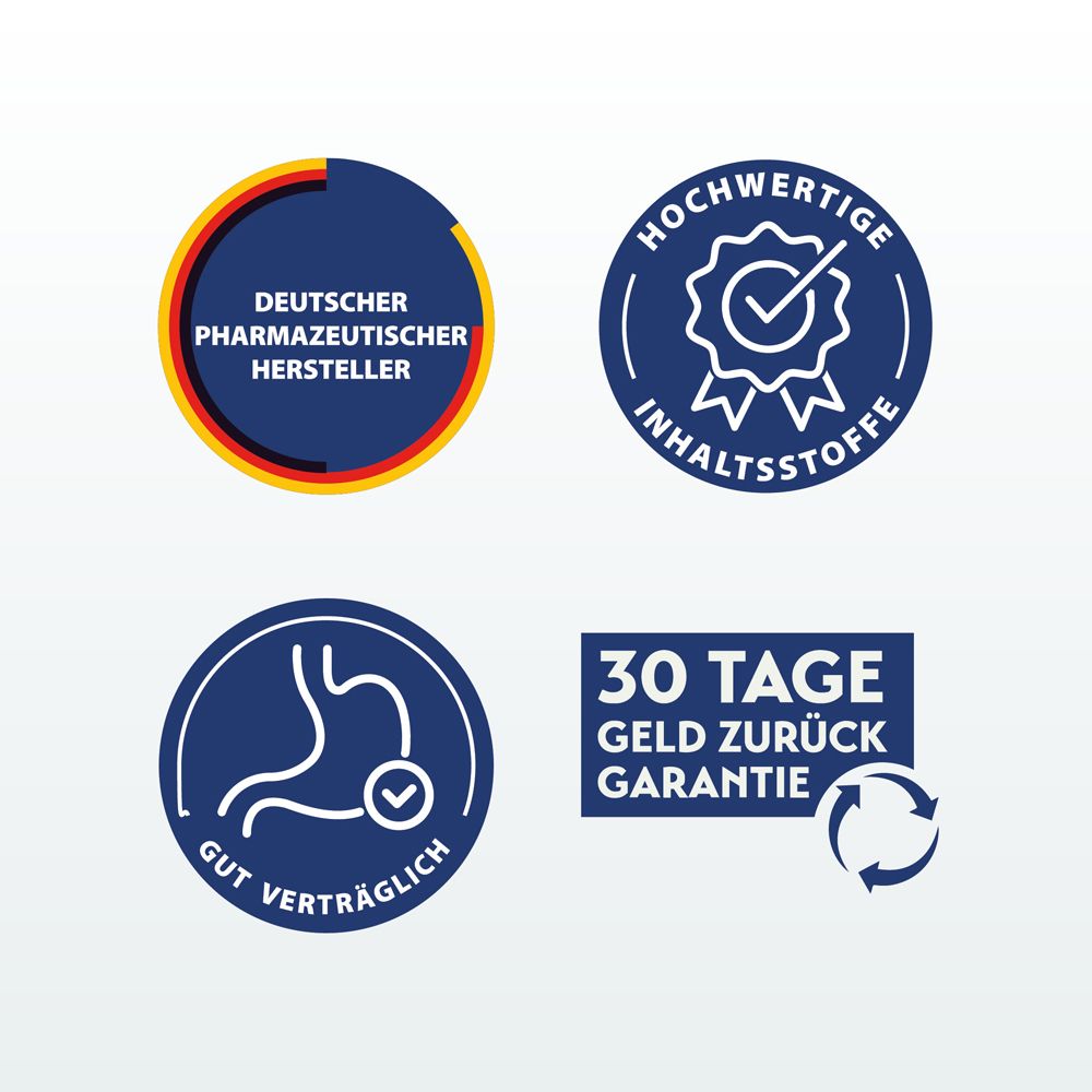 Vier Logos: Deutscher Pharmazeutischer Hersteller, Hochwertige Inhaltsstoffe, Gut Verträglich, 30 Tage Geld-zurück-Garantie.