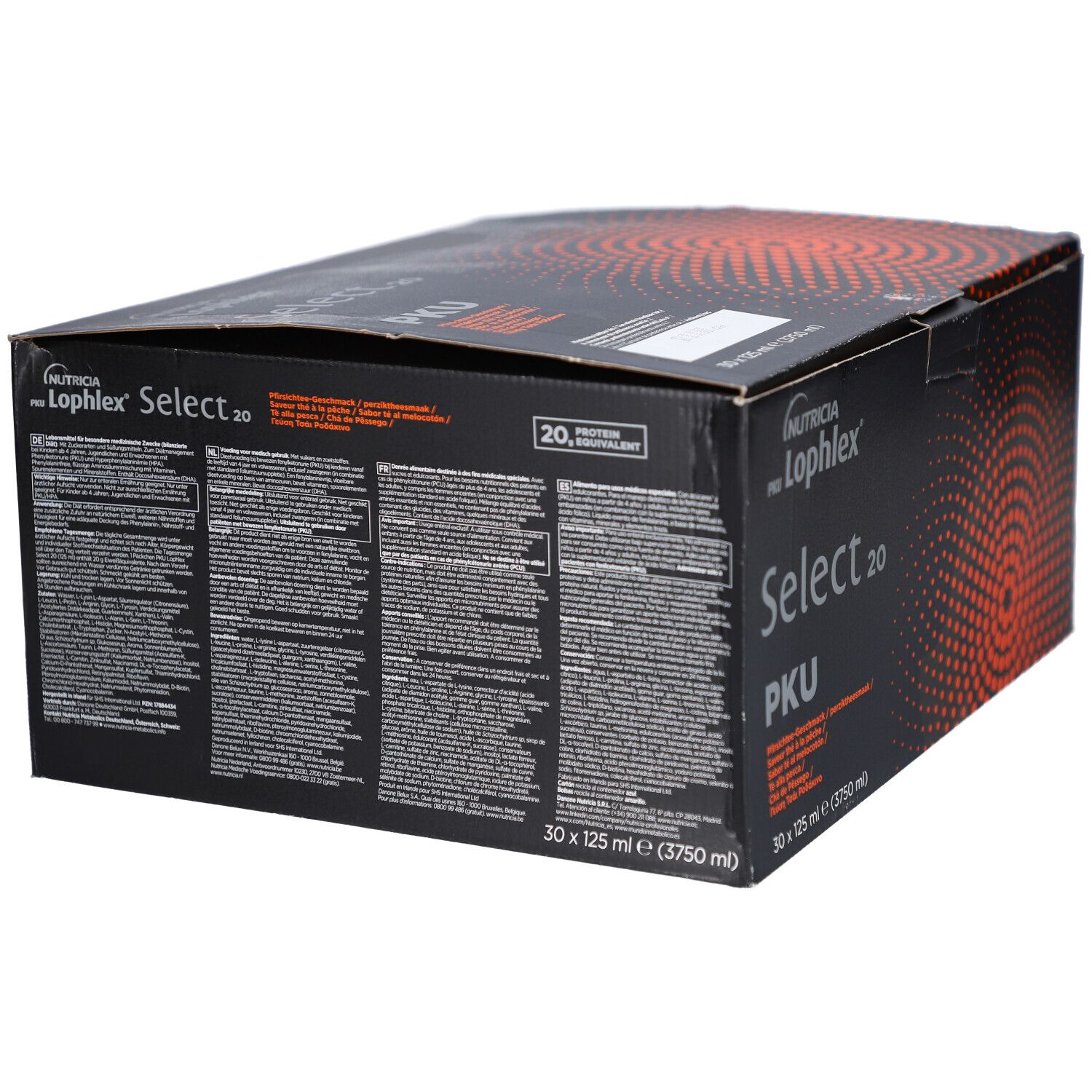 Schwarzer Karton mit Text. Aufschrift: Nutricia, Lophlex Select 20 PKU. 30 x 125 ml. Enthält Text in mehreren Sprachen.
