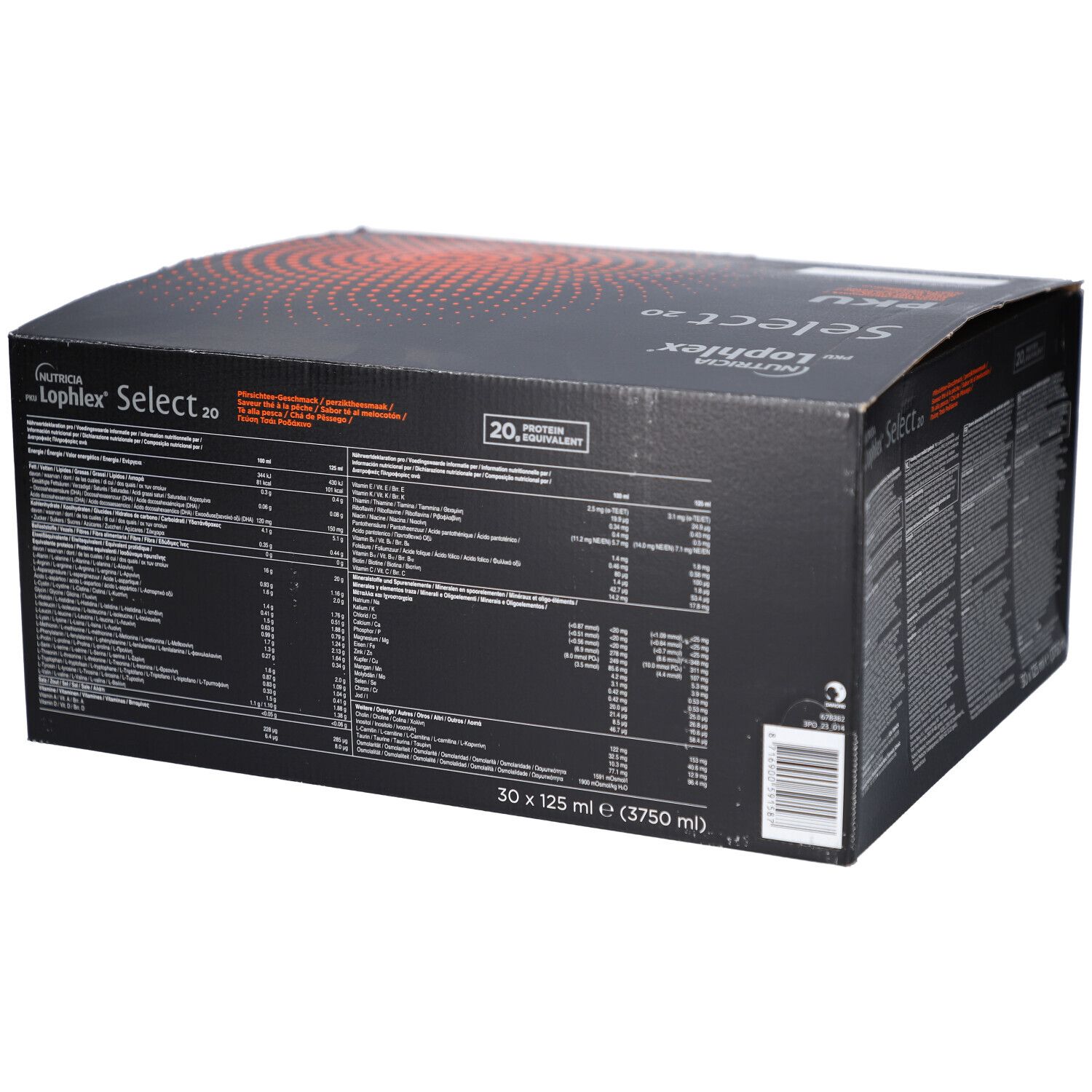 Schwarzer Karton mit Text und Nährwertangaben. Aufschrift: Nutricia, Lophlex Select 20 PKU. 30 x 125 ml.