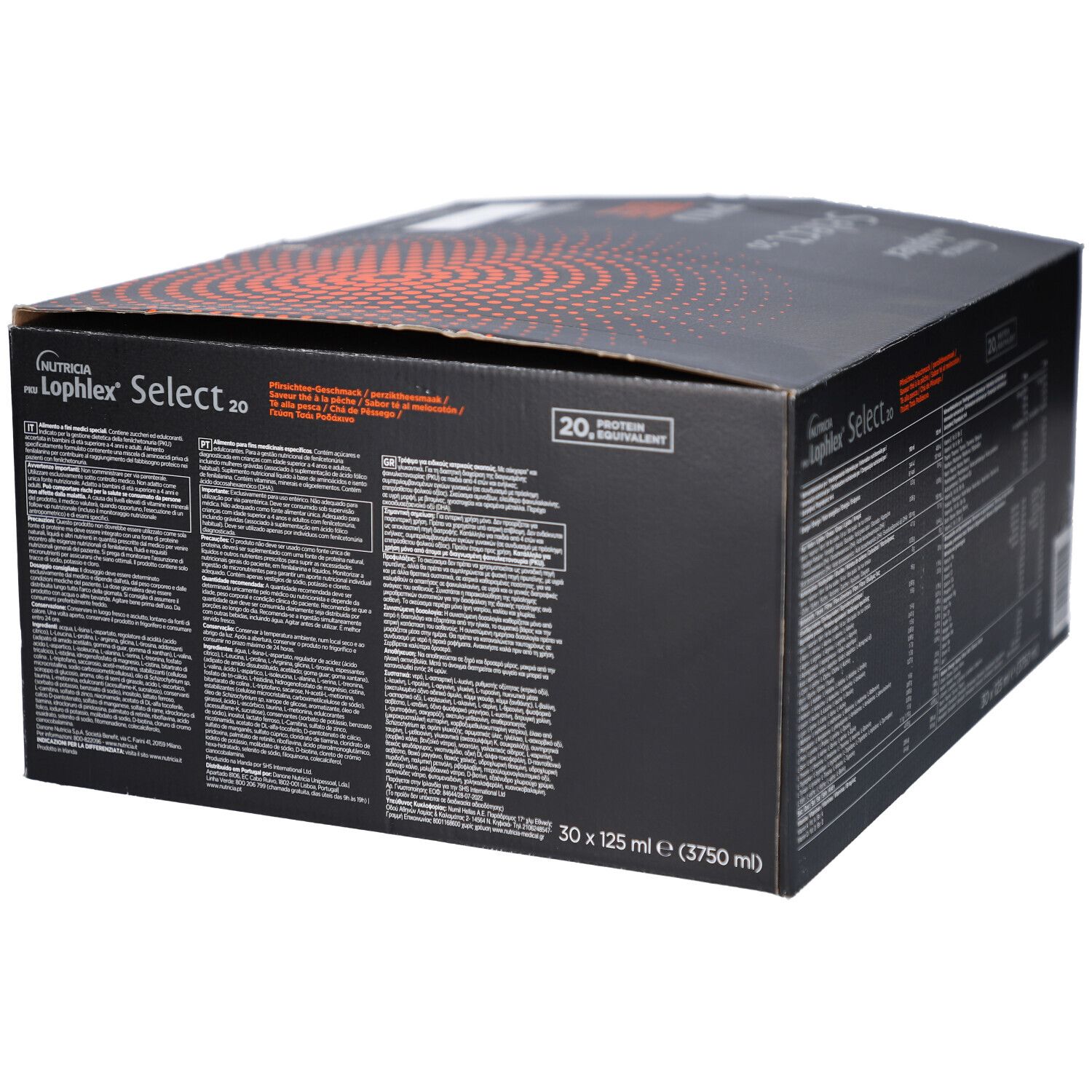 Schwarzer Karton mit Text und Nährwertangaben. Aufschrift: Nutricia, Lophlex Select 20 PKU. 30 x 125 ml.