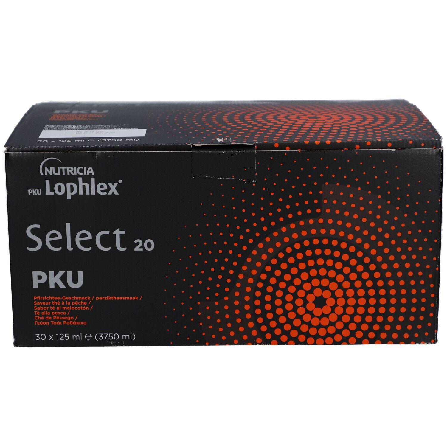 Schwarzer Karton mit Text. Aufschrift: Nutricia, Lophlex Select 20 PKU. 30 x 125 ml. Geschmack: Pfirsichtee.