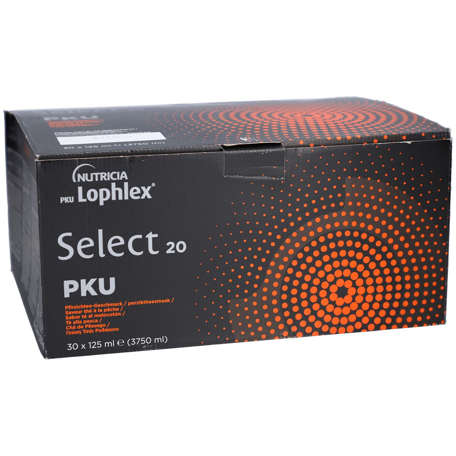 Schwarzer Karton mit orangefarbenem Muster. Aufschrift: Nutricia, Lophlex Select 20 PKU. 30 x 125 ml. Pfirsichtee.