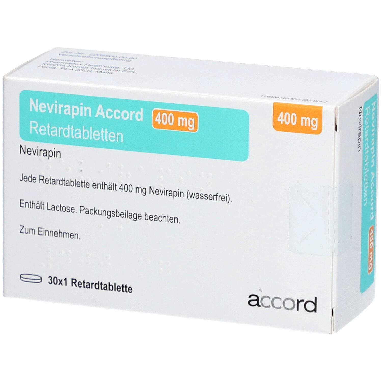 Schachtel "Nevirapin Accord 400 mg Retardtabletten". Text mit Inhaltsangabe und 30 Tabletten. Weiße Verpackung.