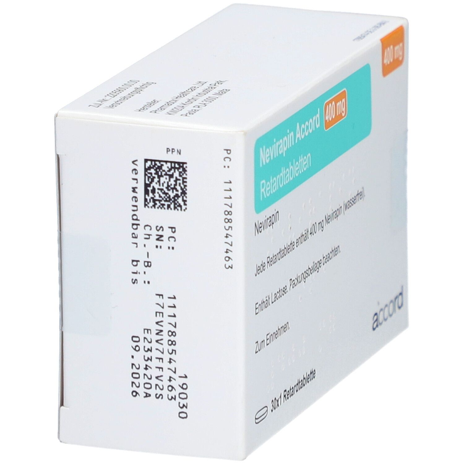 Schachtel "Nevirapin Accord 400 mg Retardtabletten". Seitenansicht mit Chargennummer und Verfallsdatum. Weiße Verpackung.