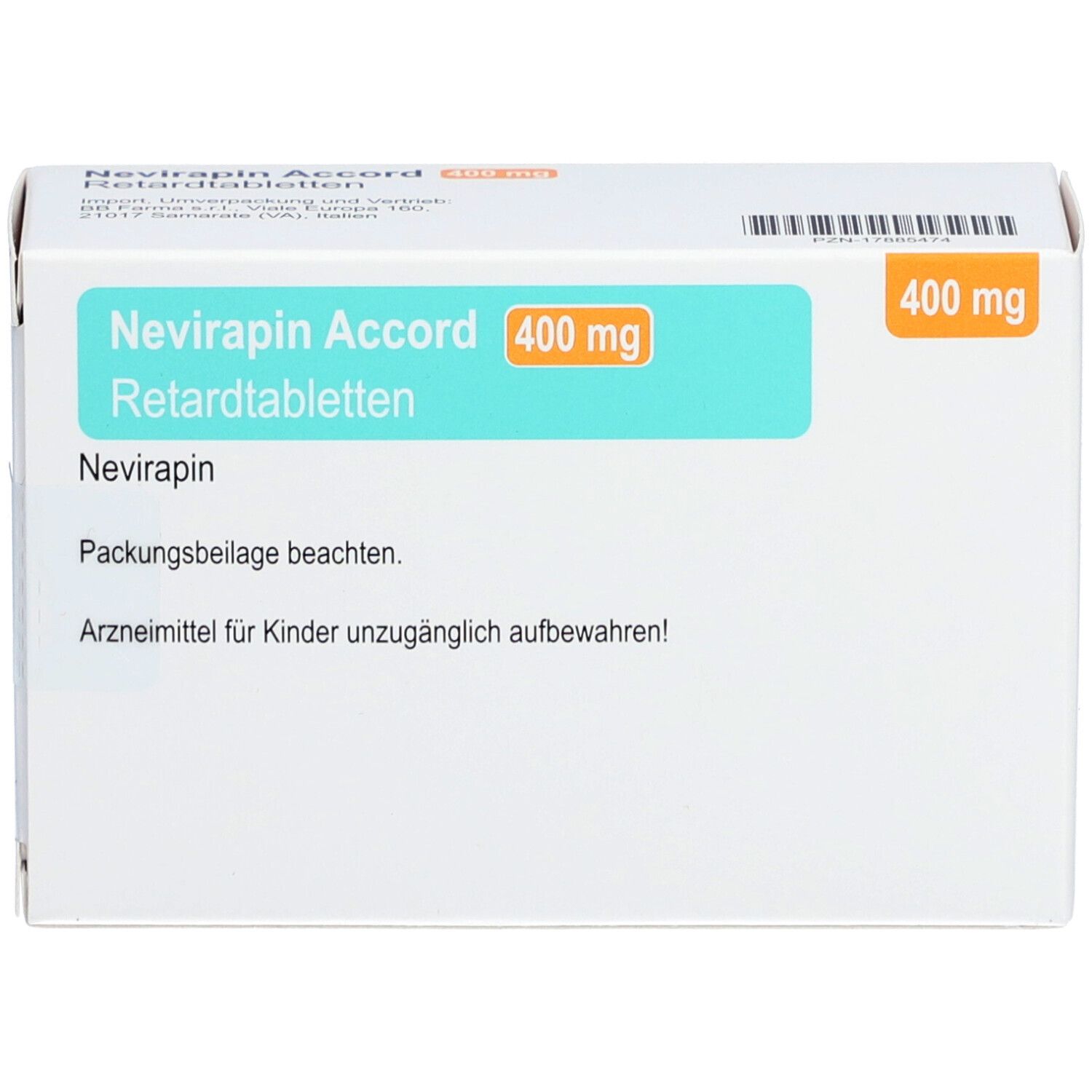 Schachtel "Nevirapin Accord 400 mg Retardtabletten". Türkis-orangefarbene Beschriftung. Weiße Verpackung.