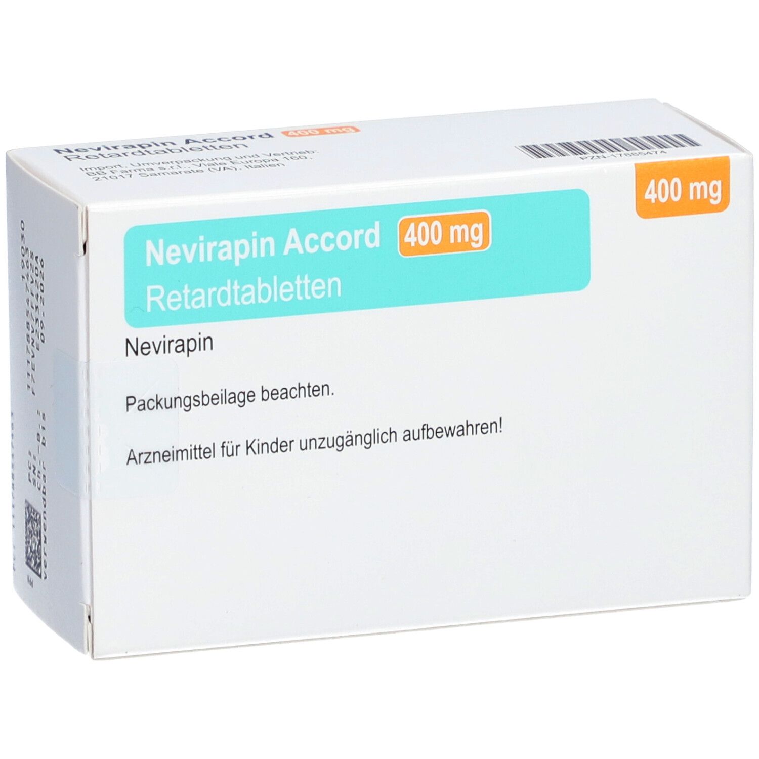 Schachtel "Nevirapin Accord 400 mg Retardtabletten". Türkis-orangefarbene Beschriftung. Weiße Verpackung.