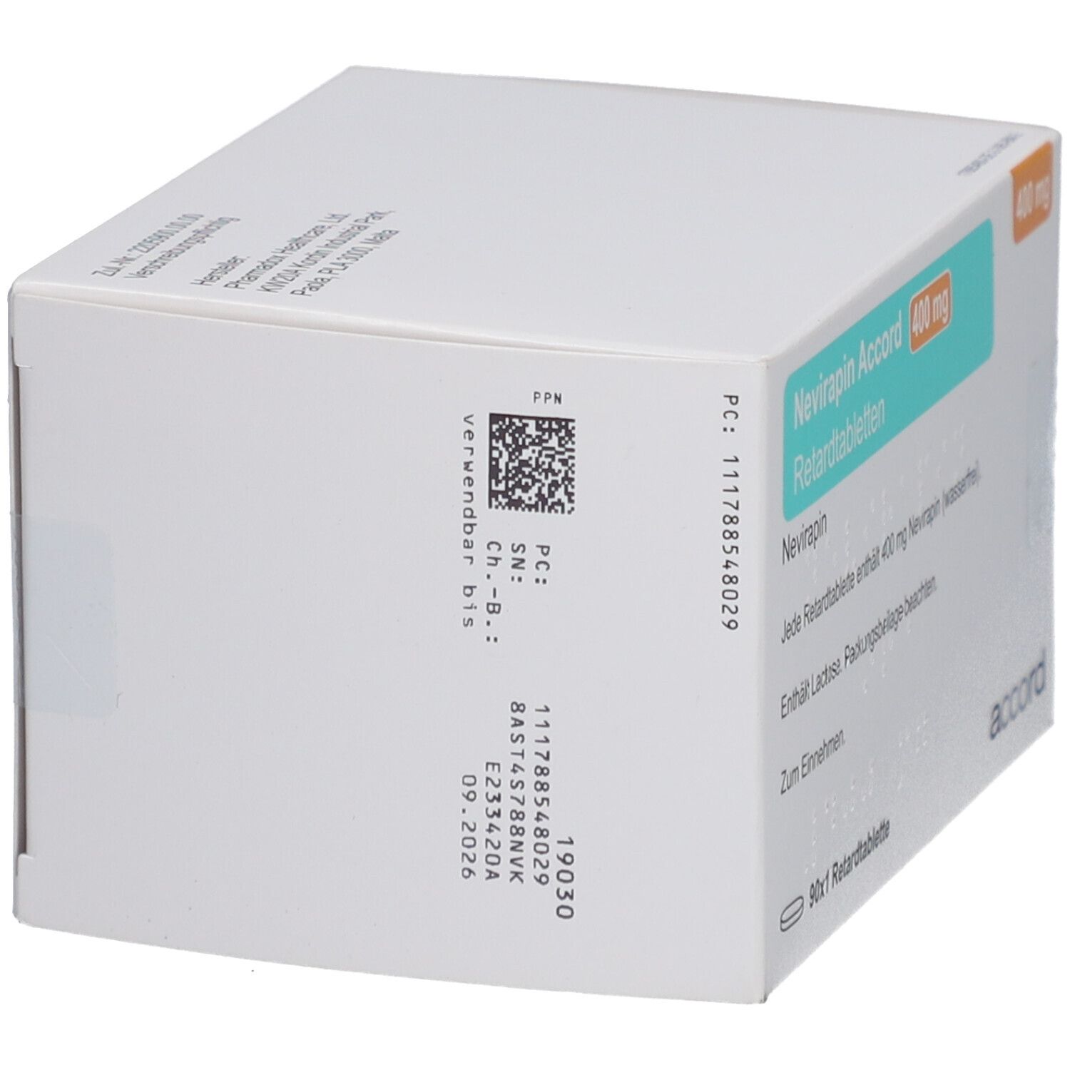 Weißer Karton, Seitenansicht. Aufschrift: Nevirapin Accord 400 mg Retardtabletten. Barcode, Chargennummer, Verfallsdatum.