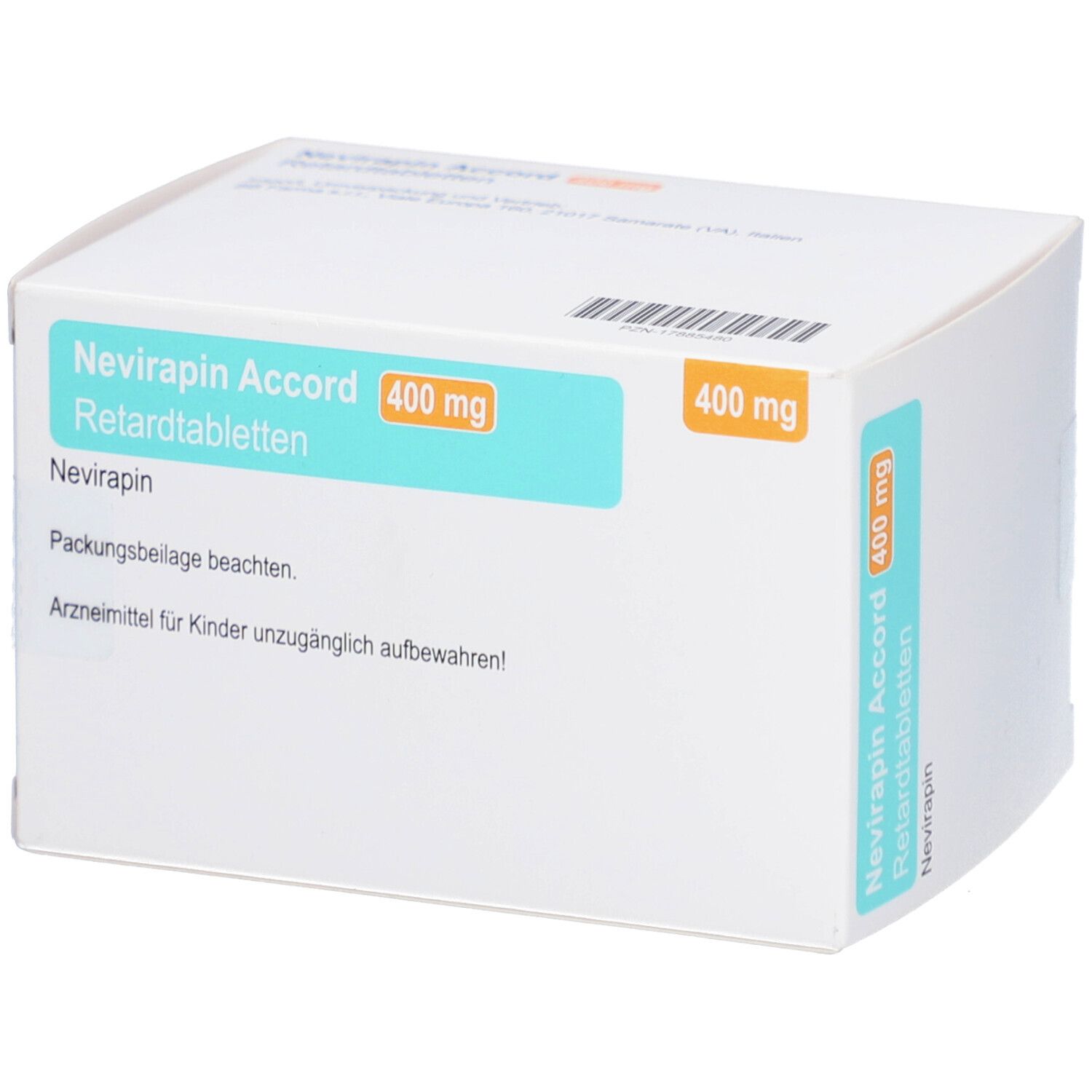Weißer Karton mit Aufschrift: Nevirapin Accord 400 mg Retardtabletten. 90x1 Retardtablette. Warnhinweis.