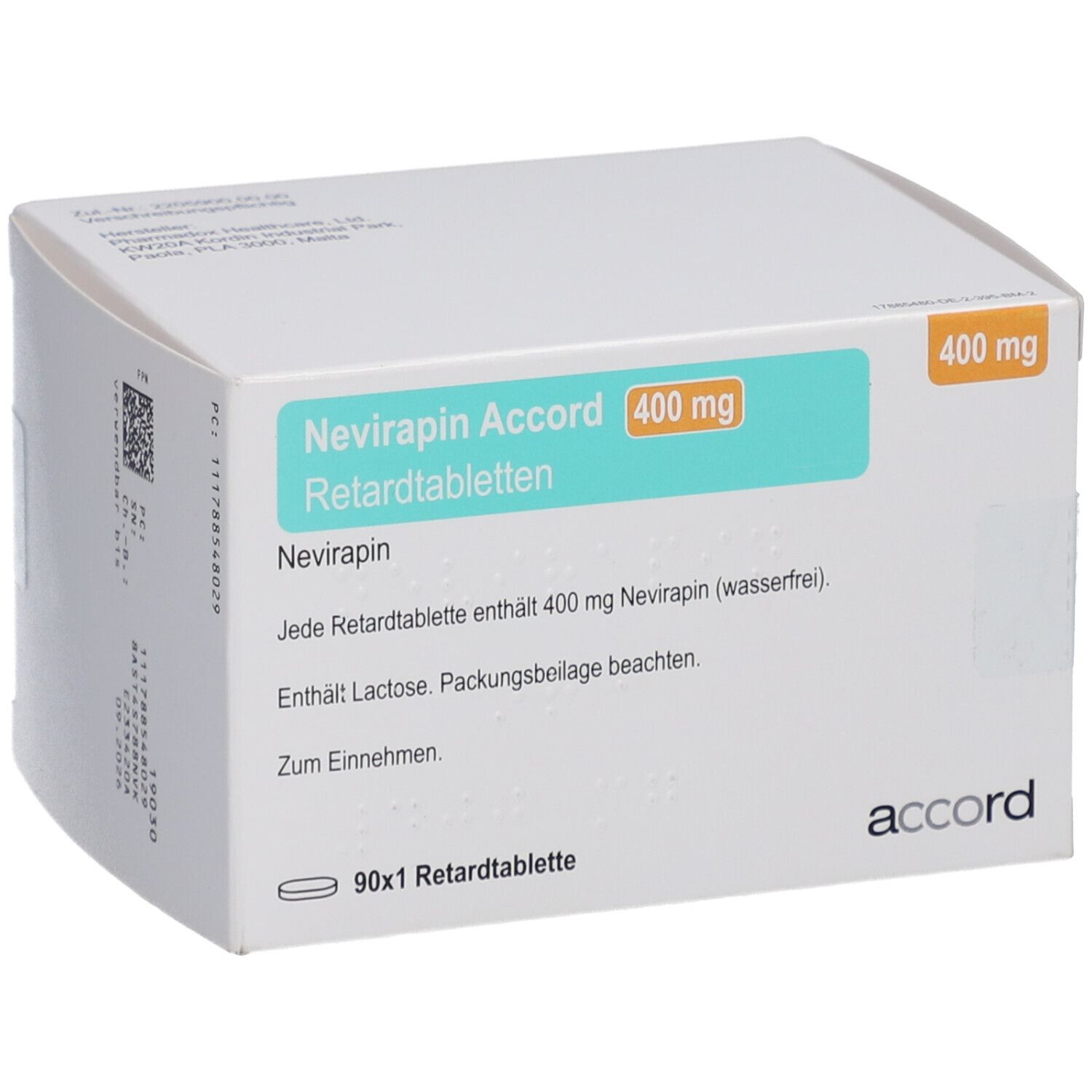 Weißer Karton mit Aufschrift: Nevirapin Accord 400 mg Retardtabletten. 90x1 Retardtablette. Marke: accord.