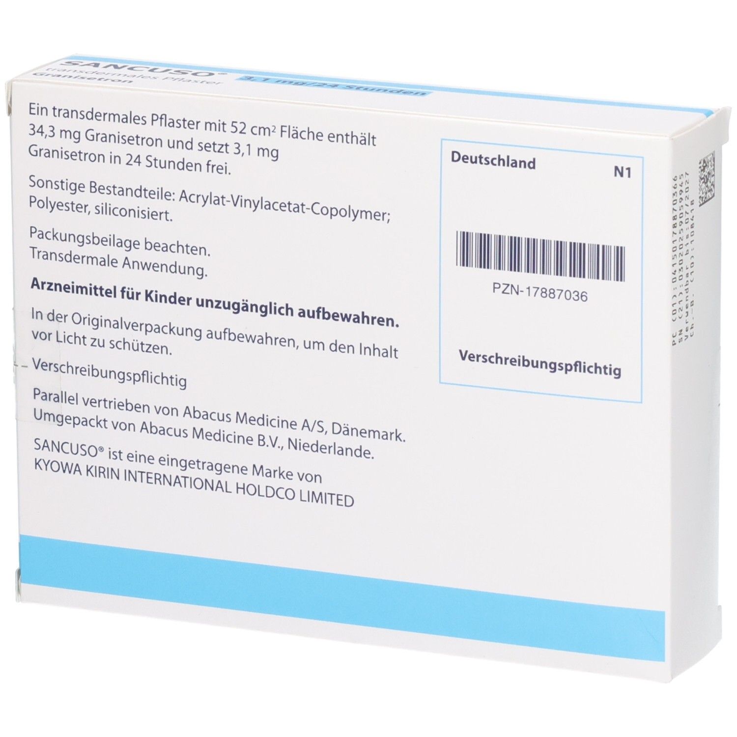 Rückseite der weißen Schachtel. Text: SANCUSO, Inhaltsstoffe, PZN-Nummer, Hersteller. Aufschrift: Verschreibungspflichtig.