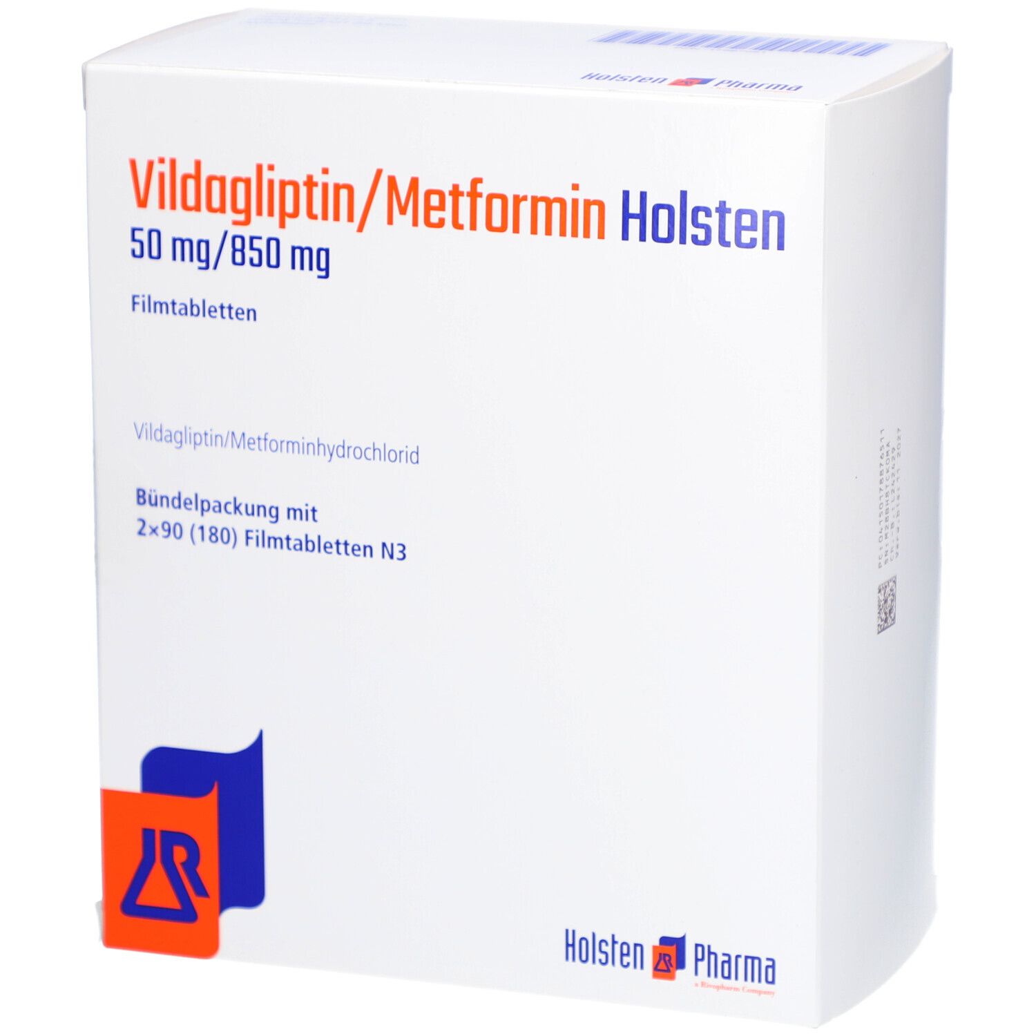 Verpackung von Vildagliptin/Metformin Holsten. Aufschrift: 50 mg/850 mg Filmtabletten. Logo von Holsten Pharma.