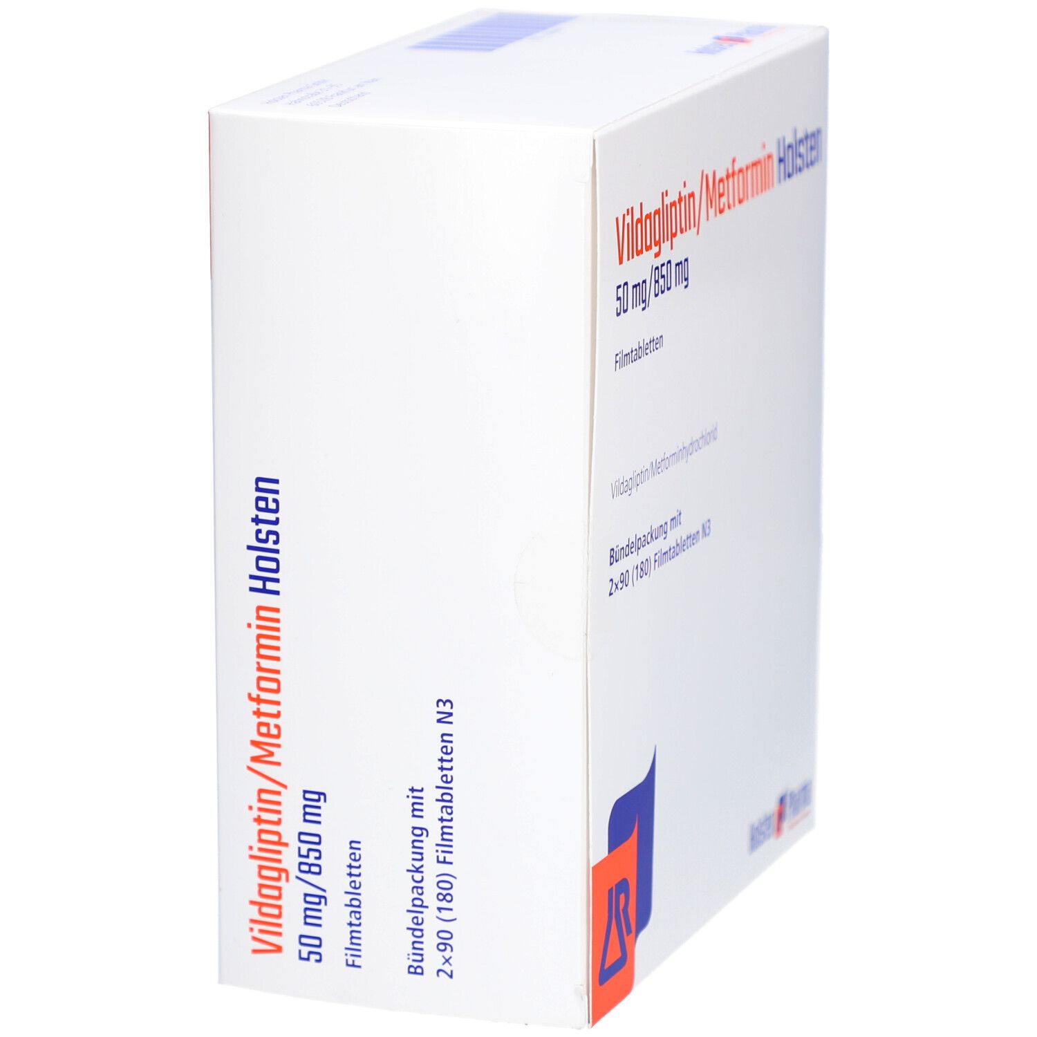 Verpackung von Vildagliptin/Metformin Holsten. Aufschrift: 50 mg/850 mg Filmtabletten. Logo von Holsten Pharma.