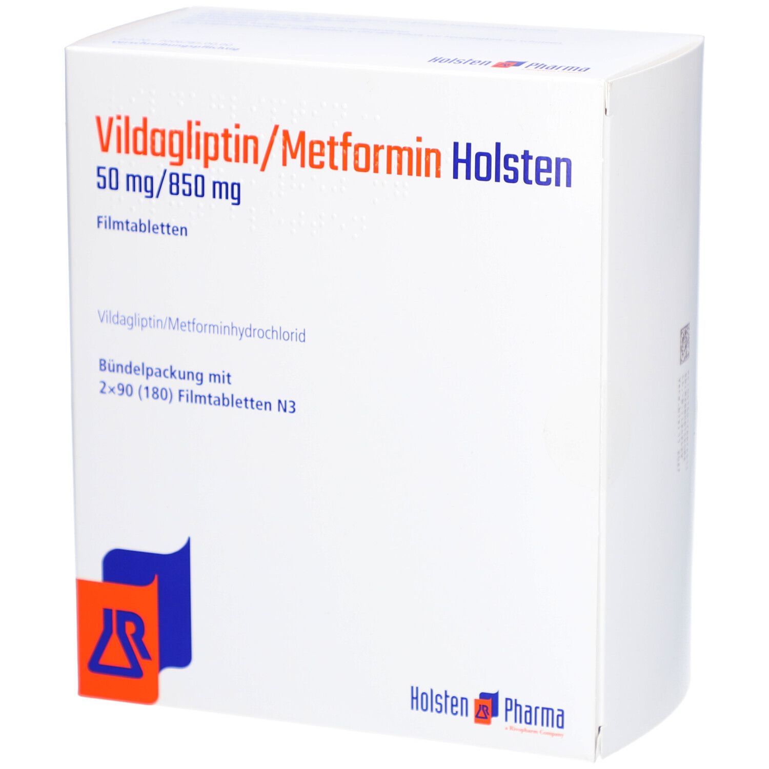 Verpackung von Vildagliptin/Metformin Holsten. Aufschrift: 50 mg/850 mg Filmtabletten. Logo von Holsten Pharma.