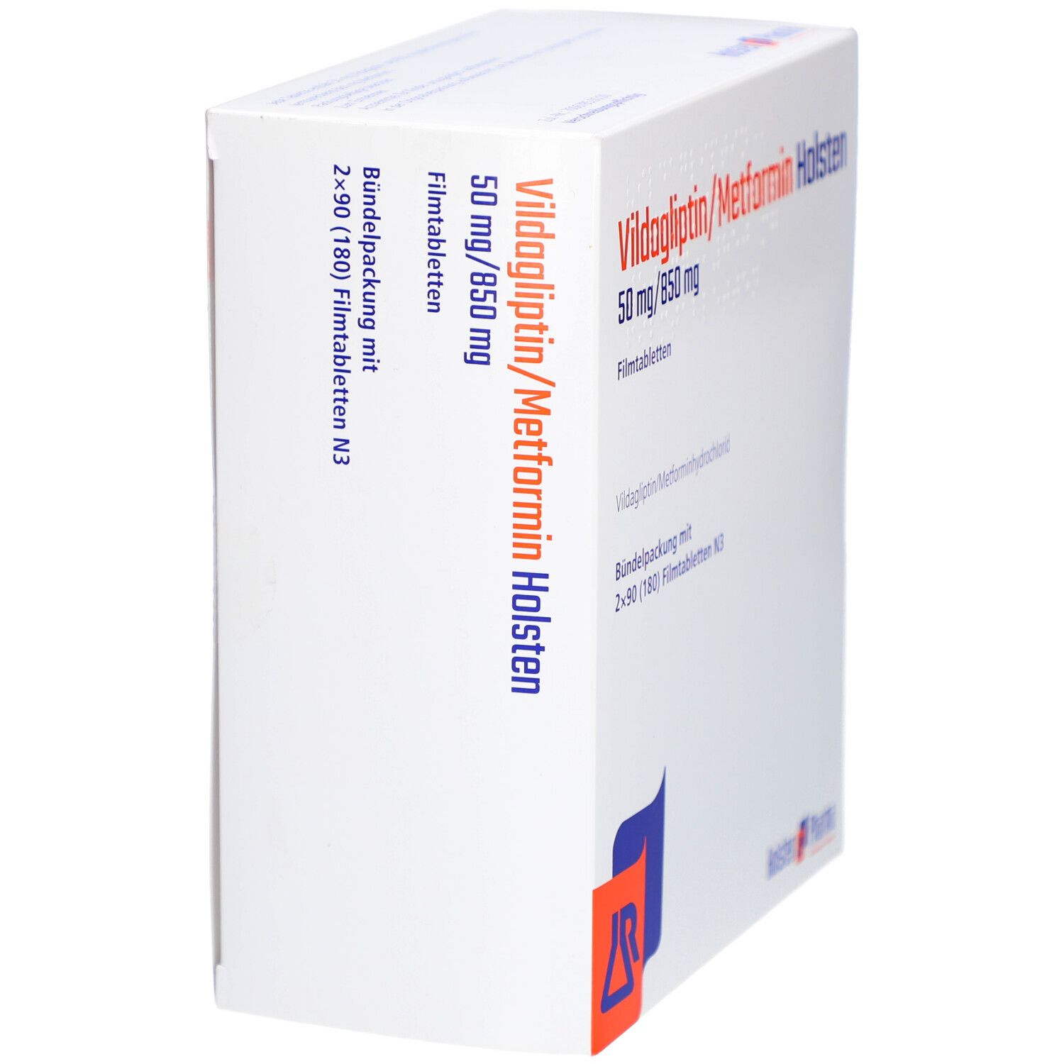 Verpackung von Vildagliptin/Metformin Holsten. Aufschrift: 50 mg/850 mg Filmtabletten. Logo von Holsten Pharma.
