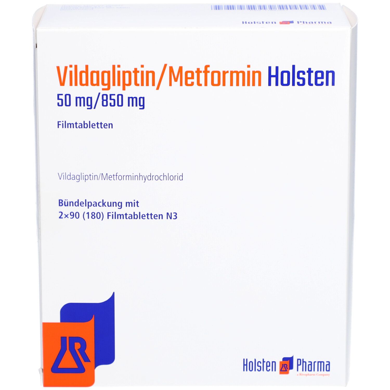 Verpackung von Vildagliptin/Metformin Holsten. Aufschrift: 50 mg/850 mg Filmtabletten. Logo von Holsten Pharma.