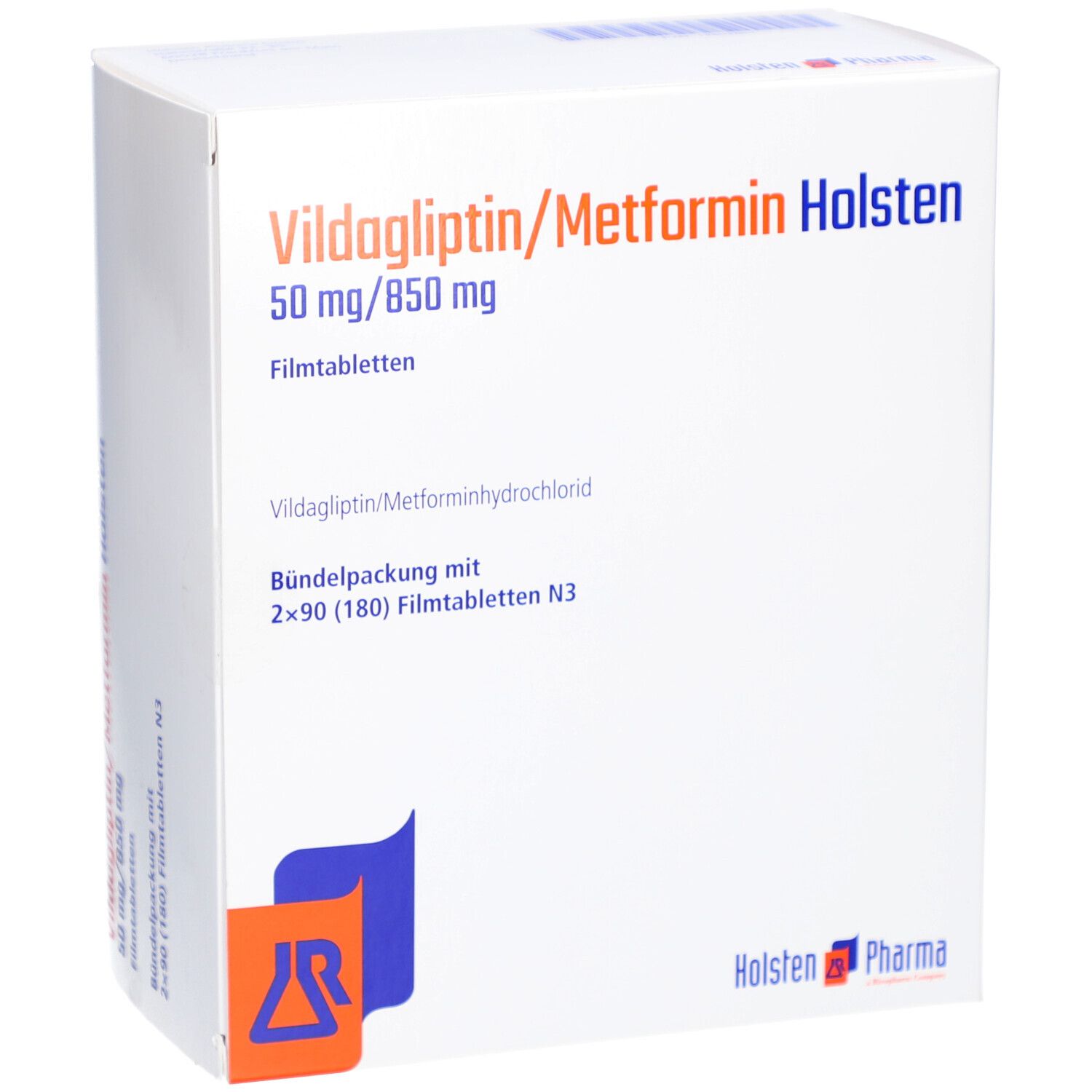 Verpackung von Vildagliptin/Metformin Holsten. Aufschrift: 50 mg/850 mg Filmtabletten. Logo von Holsten Pharma.