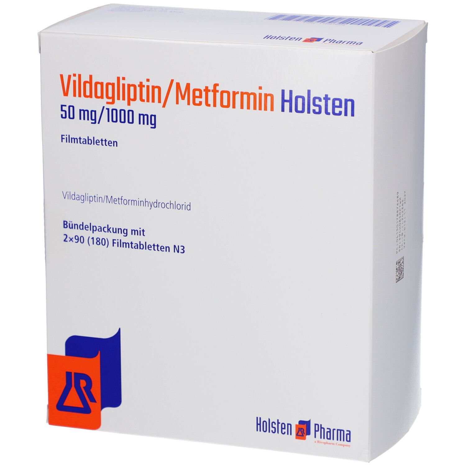 Weiße Faltschachtel mit blauer und oranger Grafik. Aufschrift: Vildagliptin/Metformin Holsten 50 mg/1000 mg Filmtabletten.
