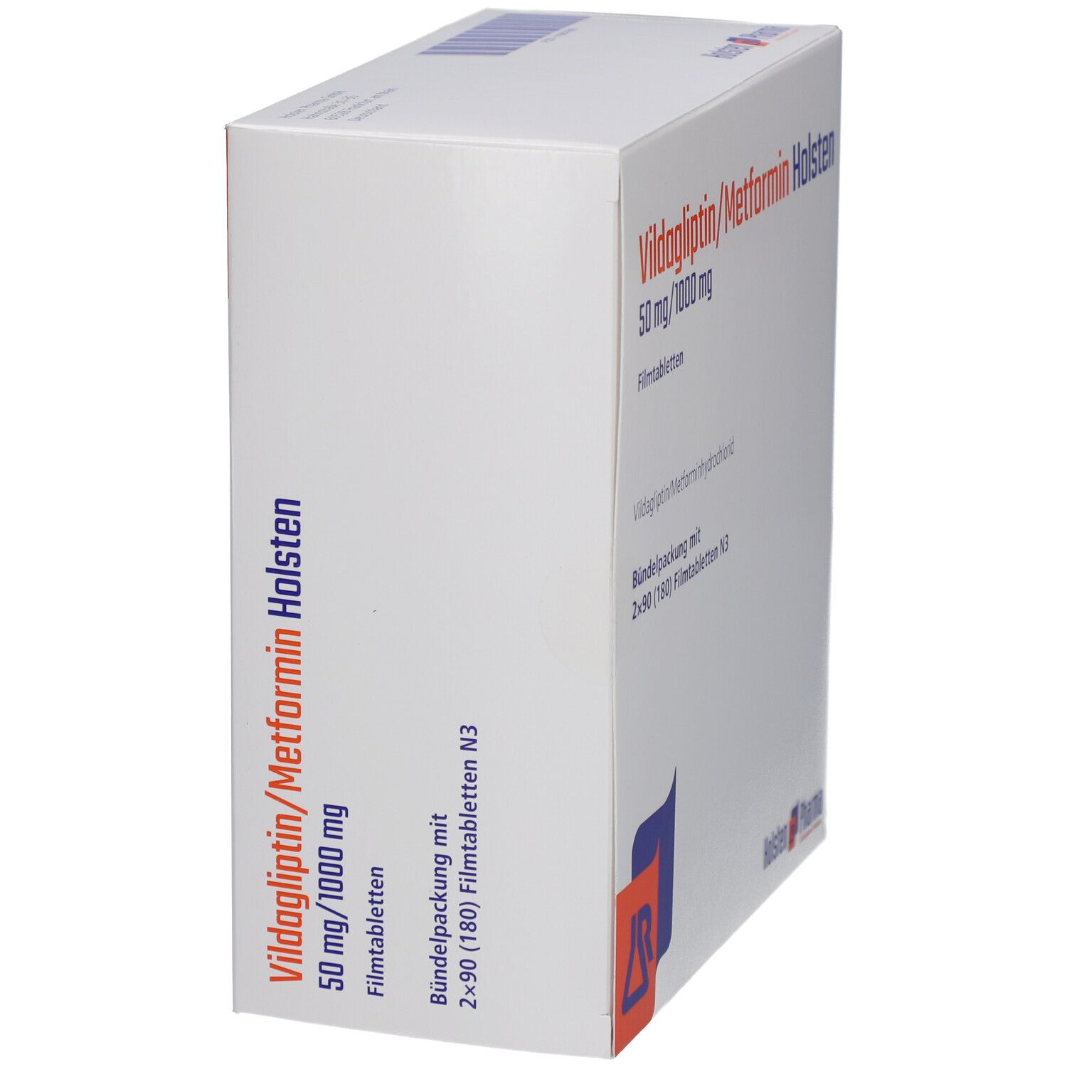 Weiße Faltschachtel mit blauer und oranger Grafik. Aufschrift: Vildagliptin/Metformin Holsten 50 mg/1000 mg Filmtabletten.